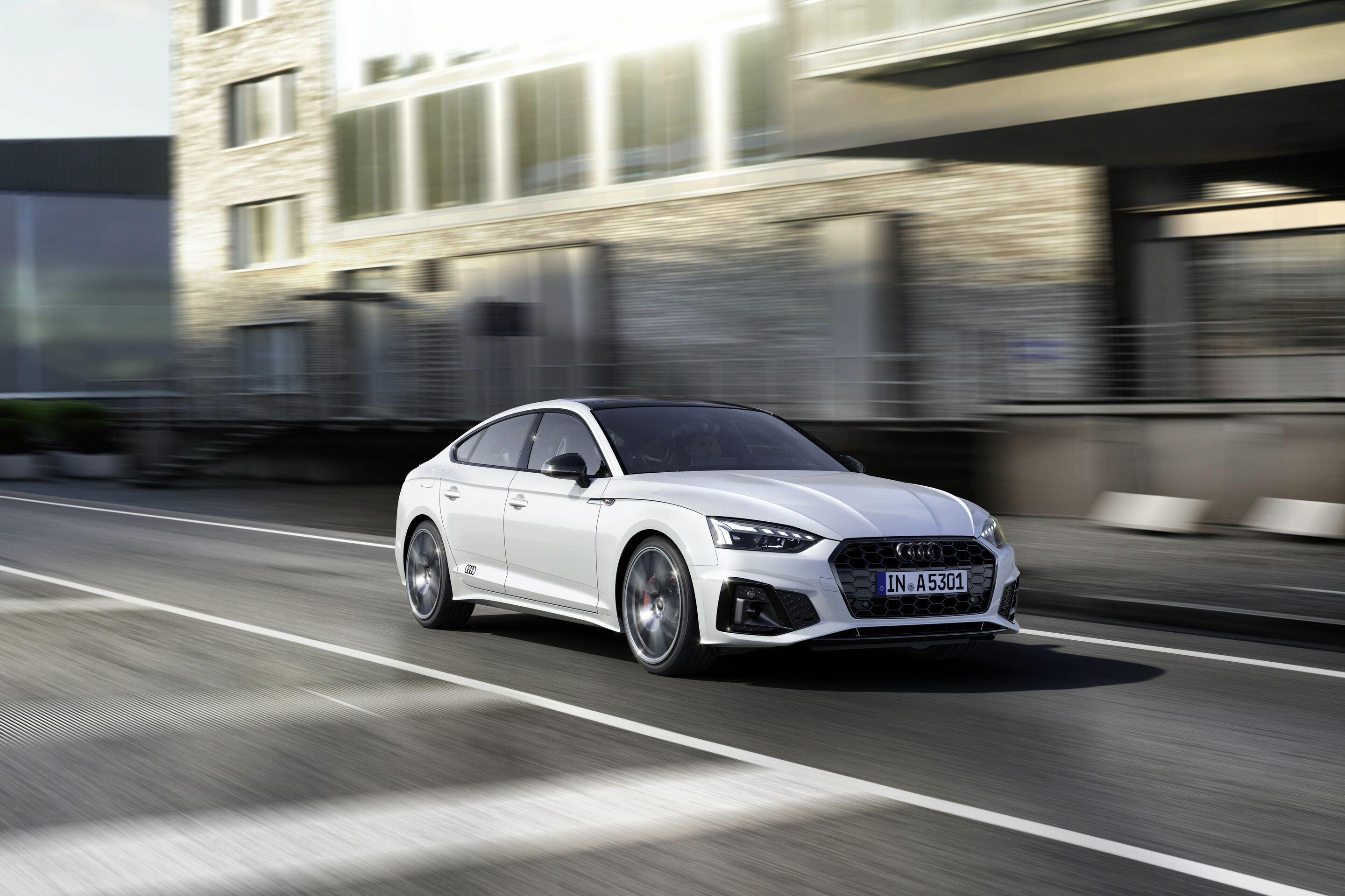 Audi A5 Sportback S line competition plus (2021) - Dynamic photo;
Color: Glacier White Metallic