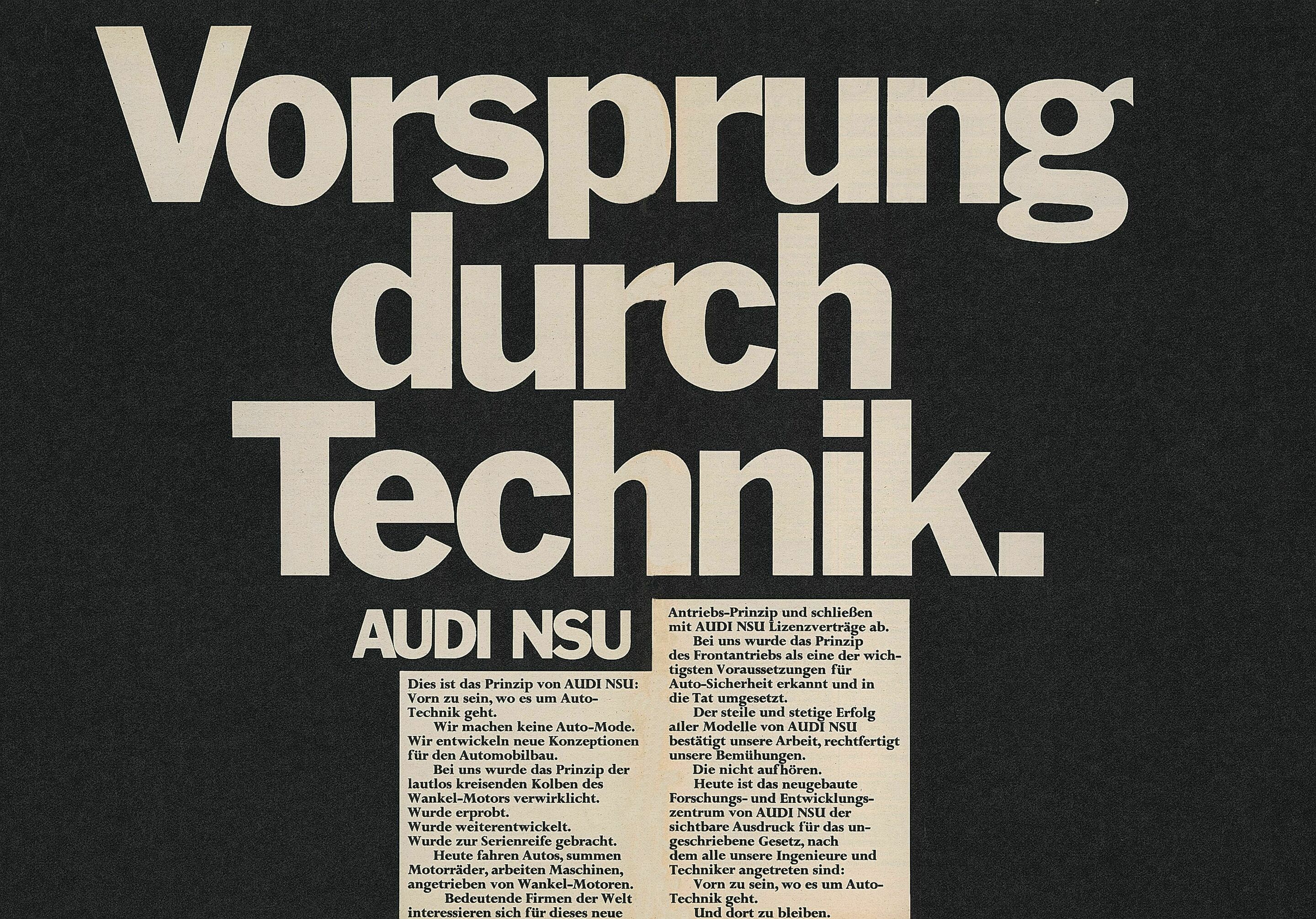 A Slogan with History: Audi Marks 50 Years of “Vorsprung durch Technik” - The new slogan “Vorsprung durch Technik” made its first appearance in a large-sized ad in January of 1971.