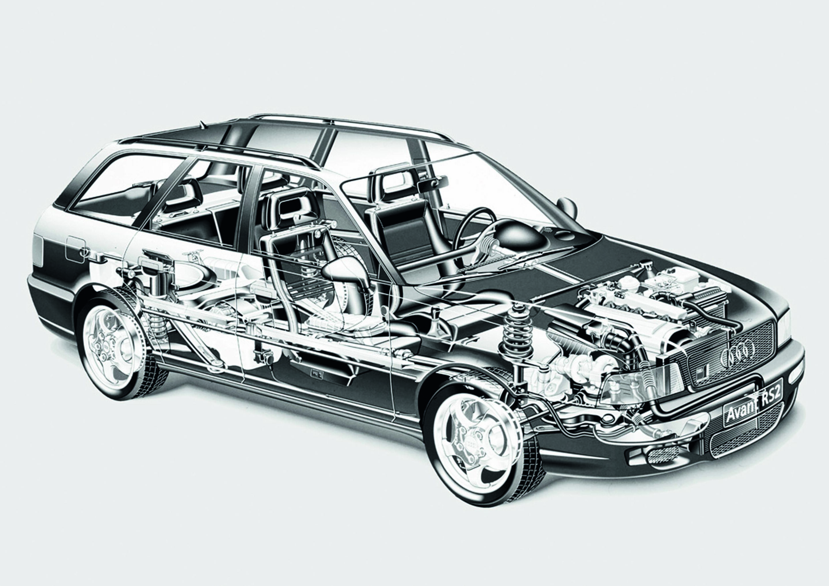Anniversary magazine Design - Audi RS 2 - with the RS 2 from 1994, Audi created a new market segment - the niche of  high-performance estate cars. Based on the Audi 80 Avant, the RS 2 offered 315 turbocharged hp.