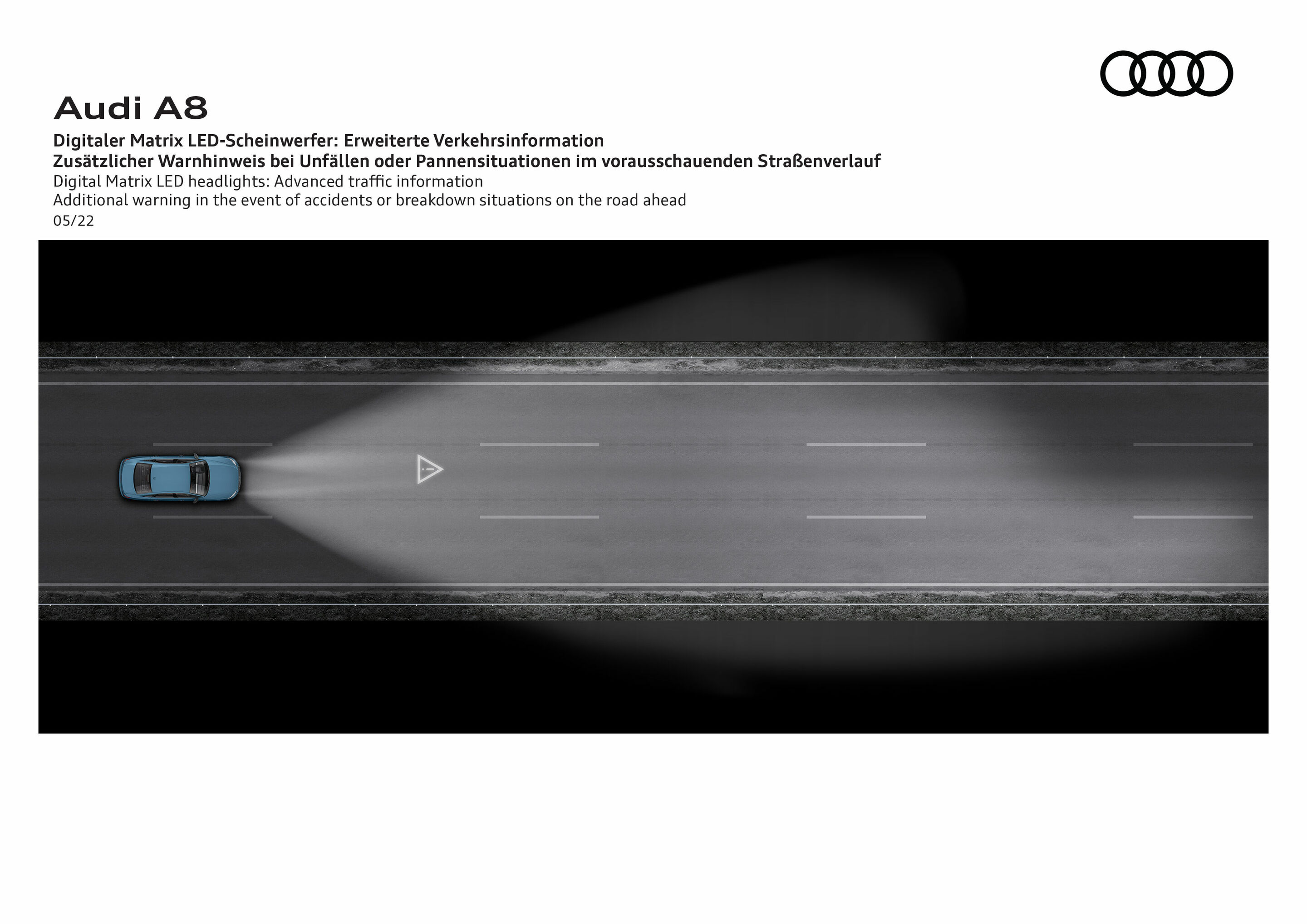 Illustration - Audi A8 - Digitaler Matrix LED-Scheinwerfer: Erweiterte Verkehrsinformation
Zusätzlicher Warnhinweis bei Unfällen oder Pannensituationen im vorausschauenden Straßenverlauf