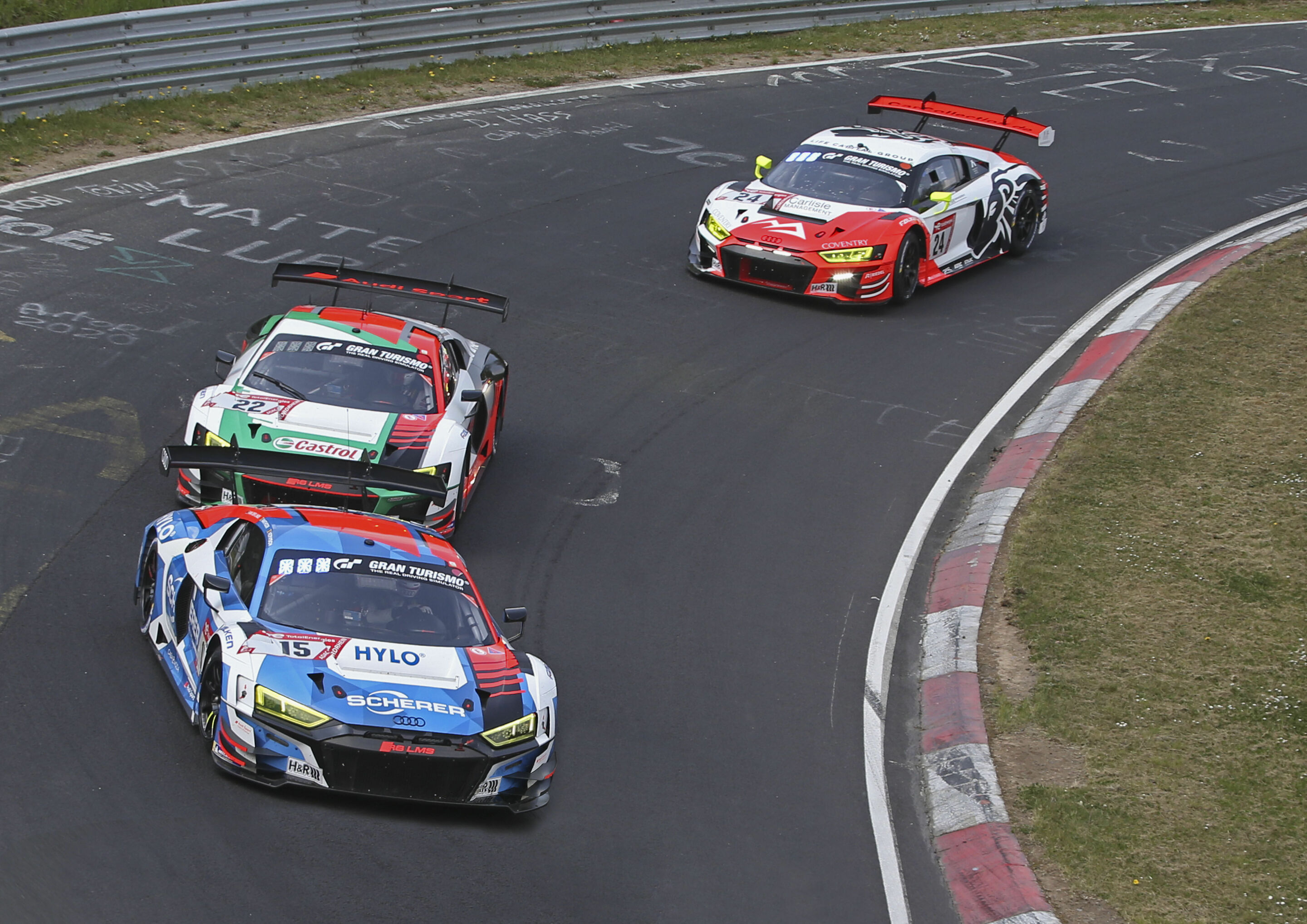 24h Nürburgring 2022 - Audi R8 LMS #15 (Audi Sport Team Phoenix), Robin Frijns/Kelvin van der Linde/Dries Vanthoor/Frédéric Vervisch; Audi R8 LMS #22 (Audi Sport Team Car Collection), Christopher Haase/Nico Müller/Patric Niederhauser/René Rast; Audi R8...