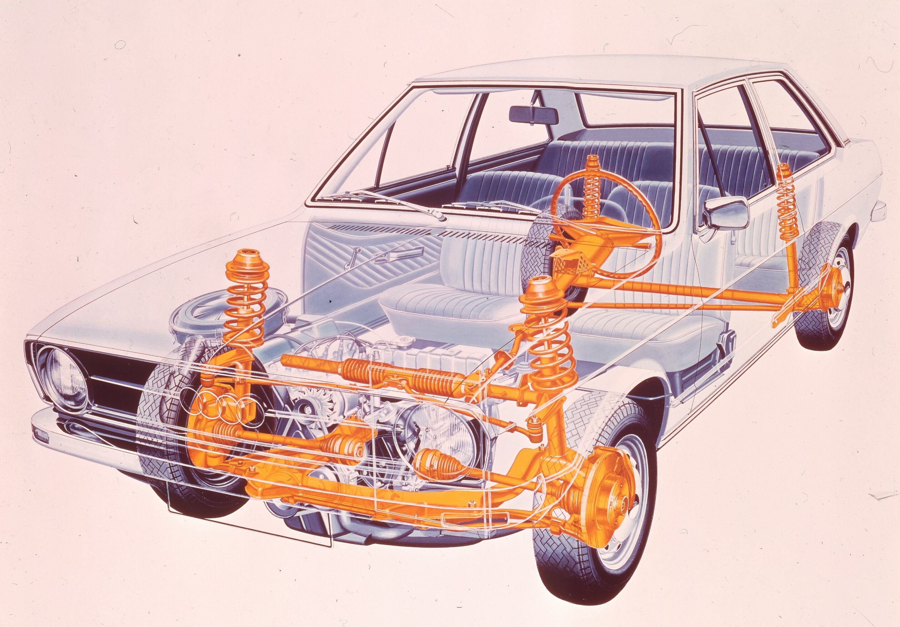 Mit diesem Auto trifft Audi den Zeitgeist: erster Audi 80 vor 50 Jahren vorgestellt - Audi 80 LS – Phantomzeichnung Fahrwerk-Antriebsstrang