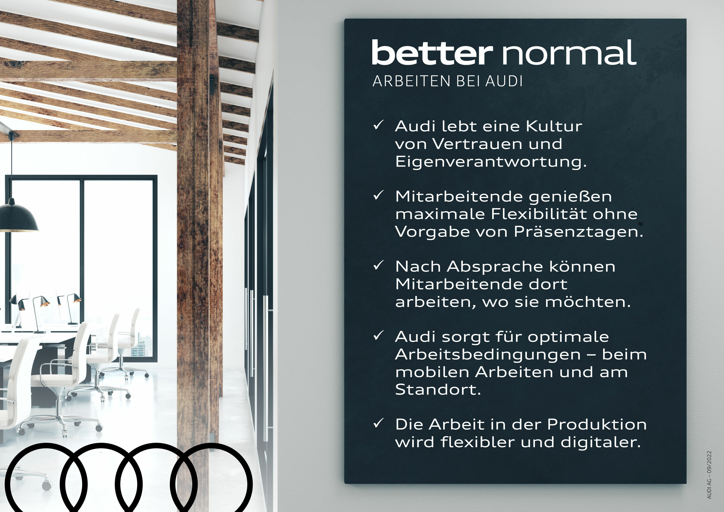 Infografik - Audi hebt mit neuer Betriebsvereinbarung die hybride Arbeitswelt auf das nächste Level - Auf dem Weg in die Zukunft der Arbeitswelt verbessert Audi die Rahmenbedingungen – für alle Audianer_innen.