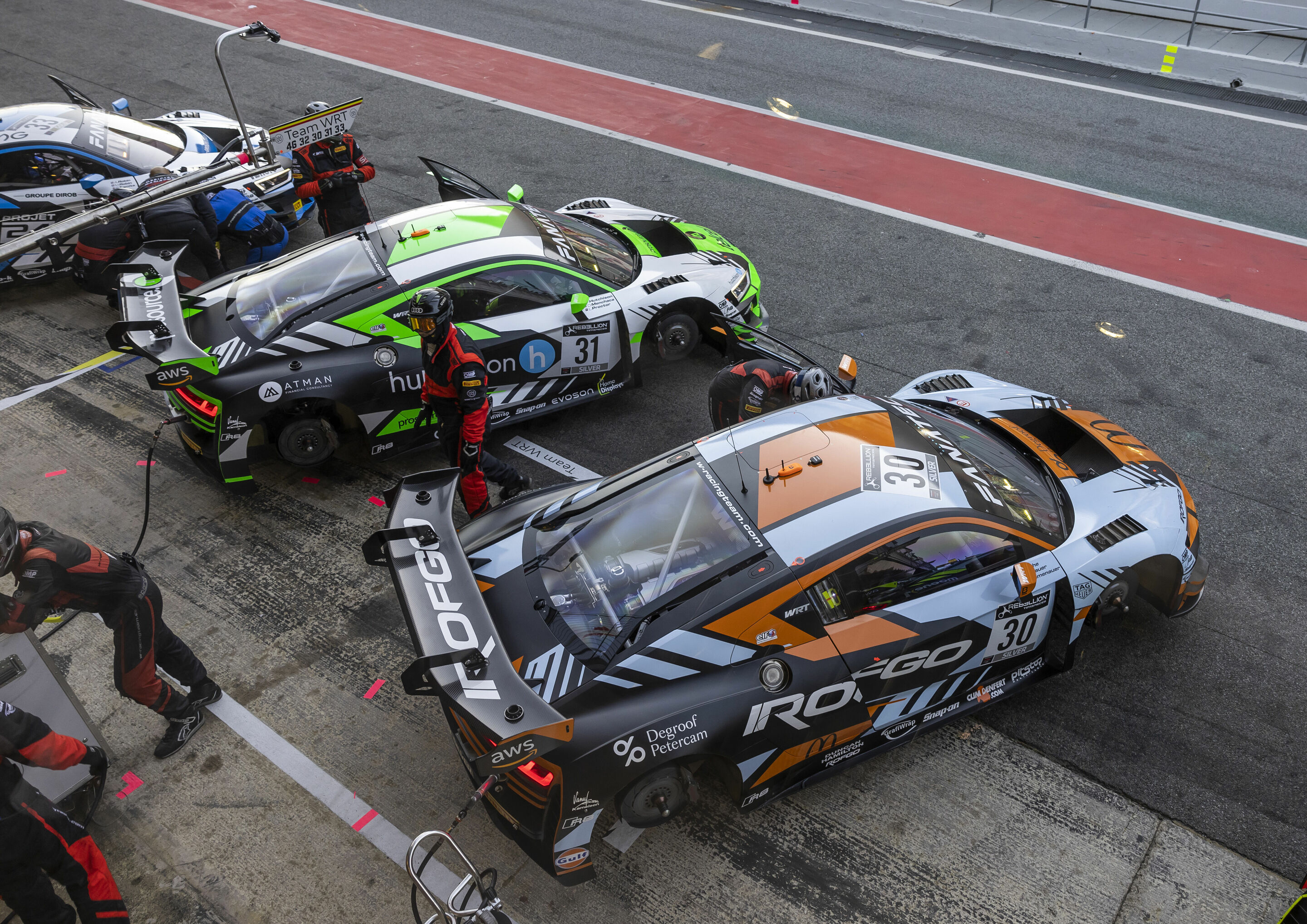 GT World Challenge Europe 2022 - Audi R8 LMS #31 (Team WRT), Diego Menchaca/Lewis Proctor/Finlay Hutchison; Audi R8 LMS #30 (Team WRT), Jean-Baptiste Simmenauer/Thomas Neubauer/Benjamin Goethe