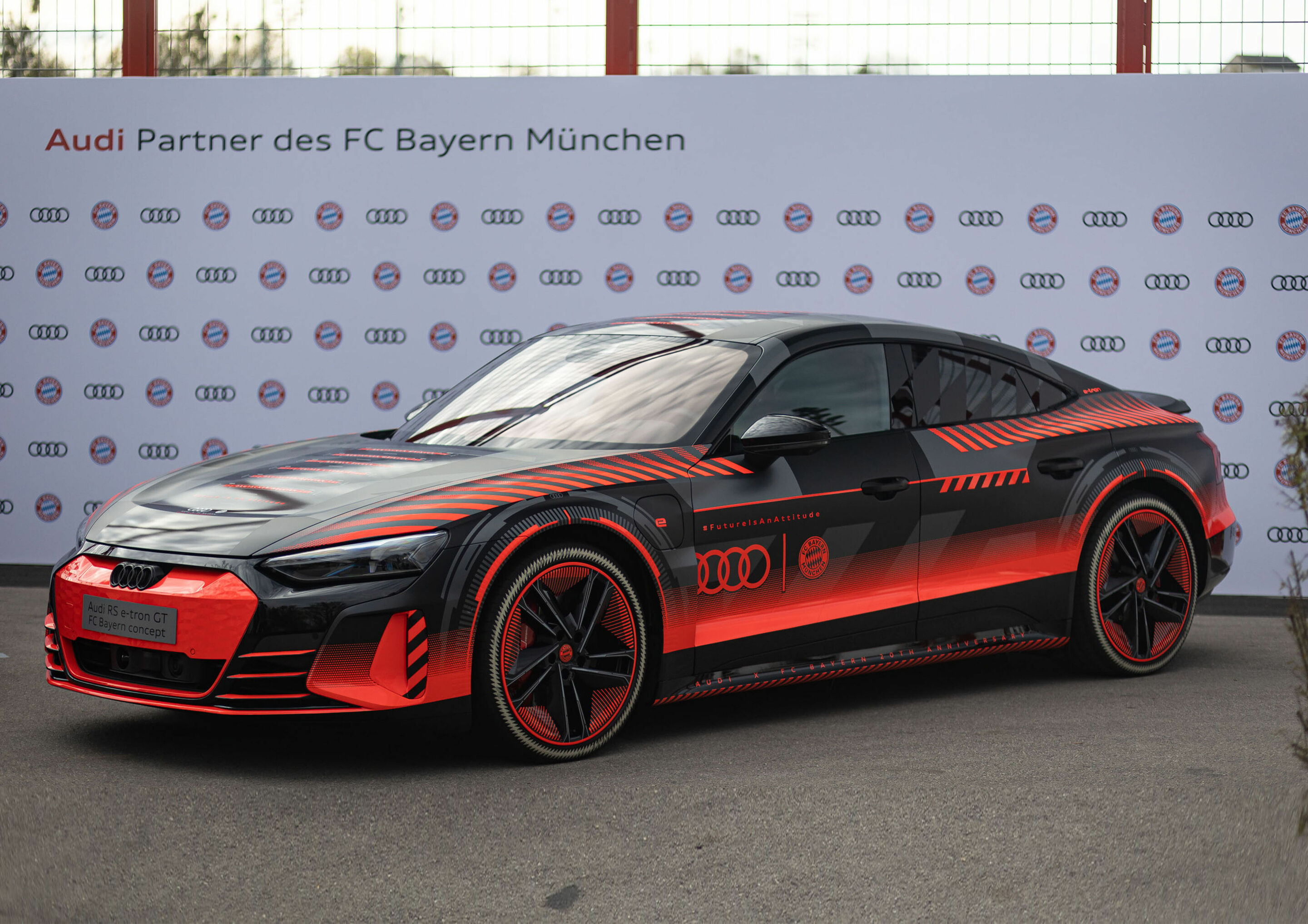 Audi vehicle handover - The Audi RS e-tron GT FC Bayern concept with its unique anniversary livery celebrating 20-years of partnership