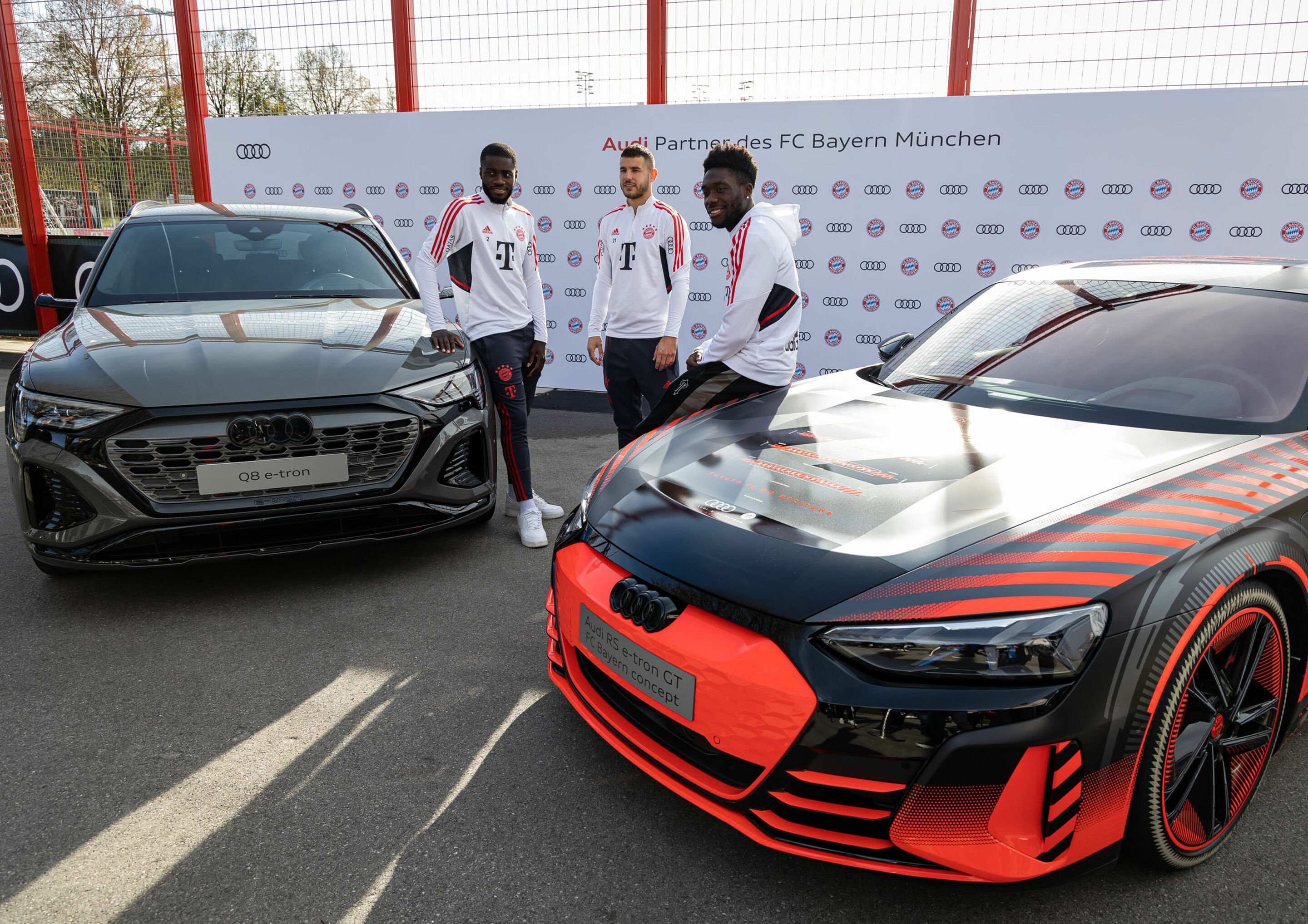 Audi vehicle handover - FC Bayern’s Dayot Upamecano, Lucas Hernández, and Alphonso Davies (left to right) during the vehicle handover at Säbener Straße