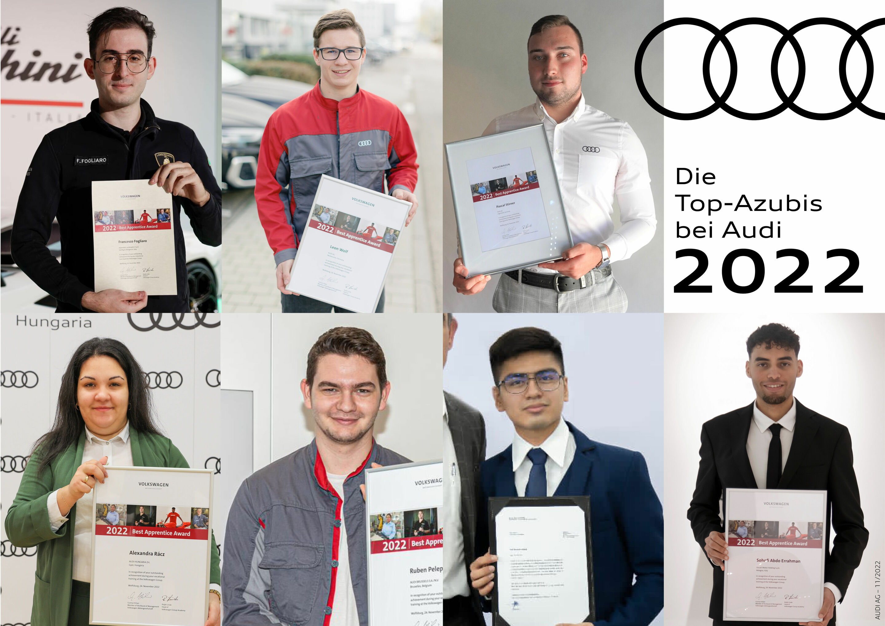 Sieben Standorte, sieben Jahrgangsbeste: die Top-Auszubildenden 2022 bei Audi - Die sieben jahrgangsbesten Auszubildenen der Audi Konzernstandorte dürfen stolz sein: Sie gehören zu den Gewinnern des „Best Apprentice Award“, den der Volkswagen Konzern...