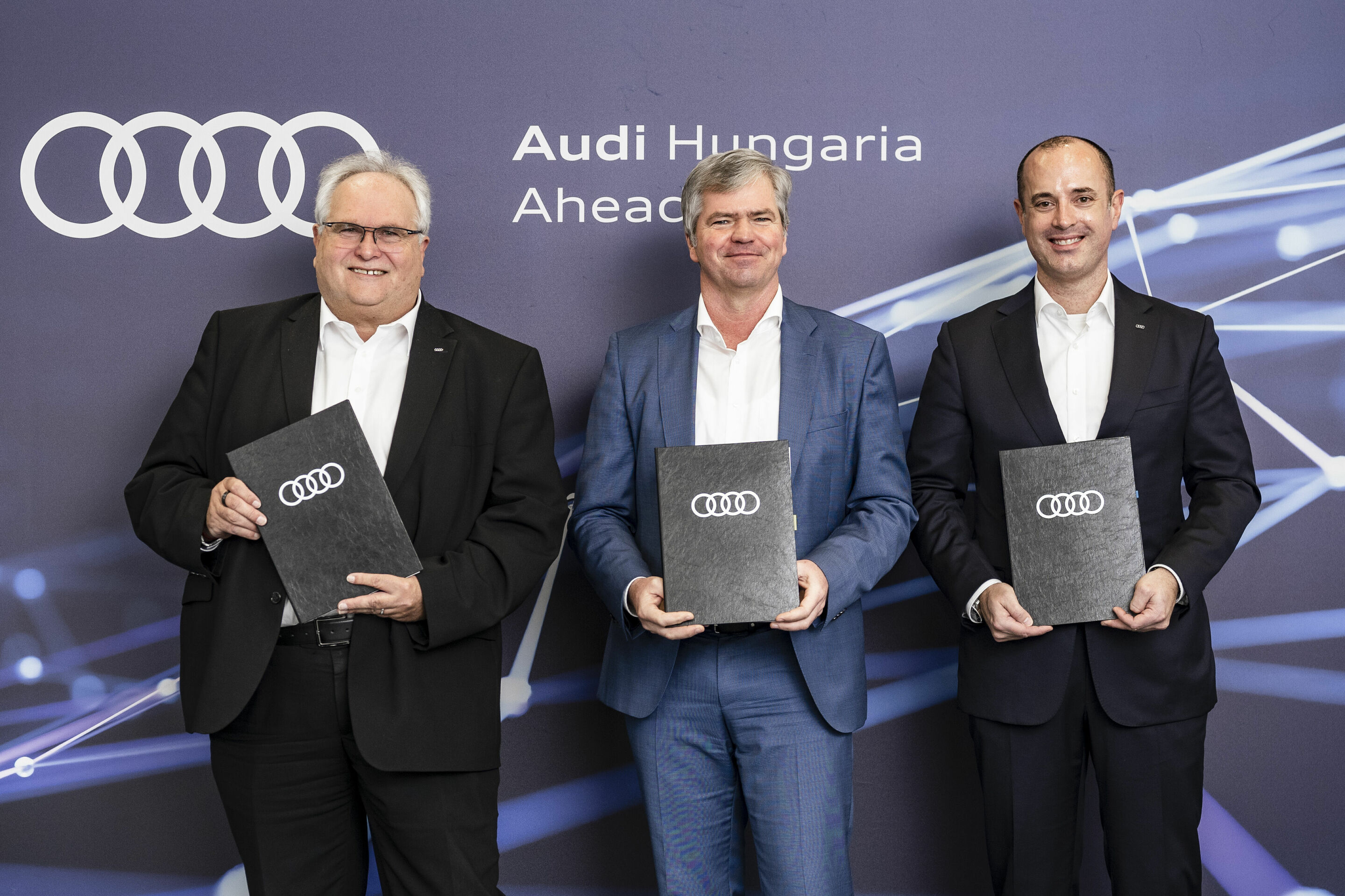 Audi Hungaria Founds Subsidiary AUDI HUNGARIA AHEAD Kft. - From left to right: Alfons Dintner, Chairman of the Board of Audi Hungaria Zrt., Dirk Große-Loheide, Board Member of AUDI AG for Procurement and IT and Chairman of the Supervisory Board of AUDI...