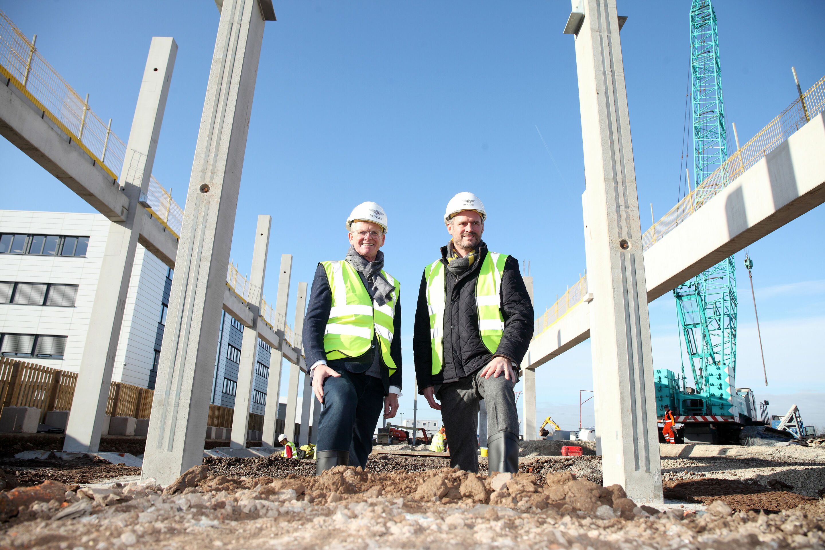 Bentley breaks ground on new Launch Quality Centre and Engineering Technical Centre - Dr. Matthias Rabe (left), Member of the Board for R&D, and Peter Bosch, Member of the Board for Manufacturing, stand between the pillars of the new Launch Quality and...