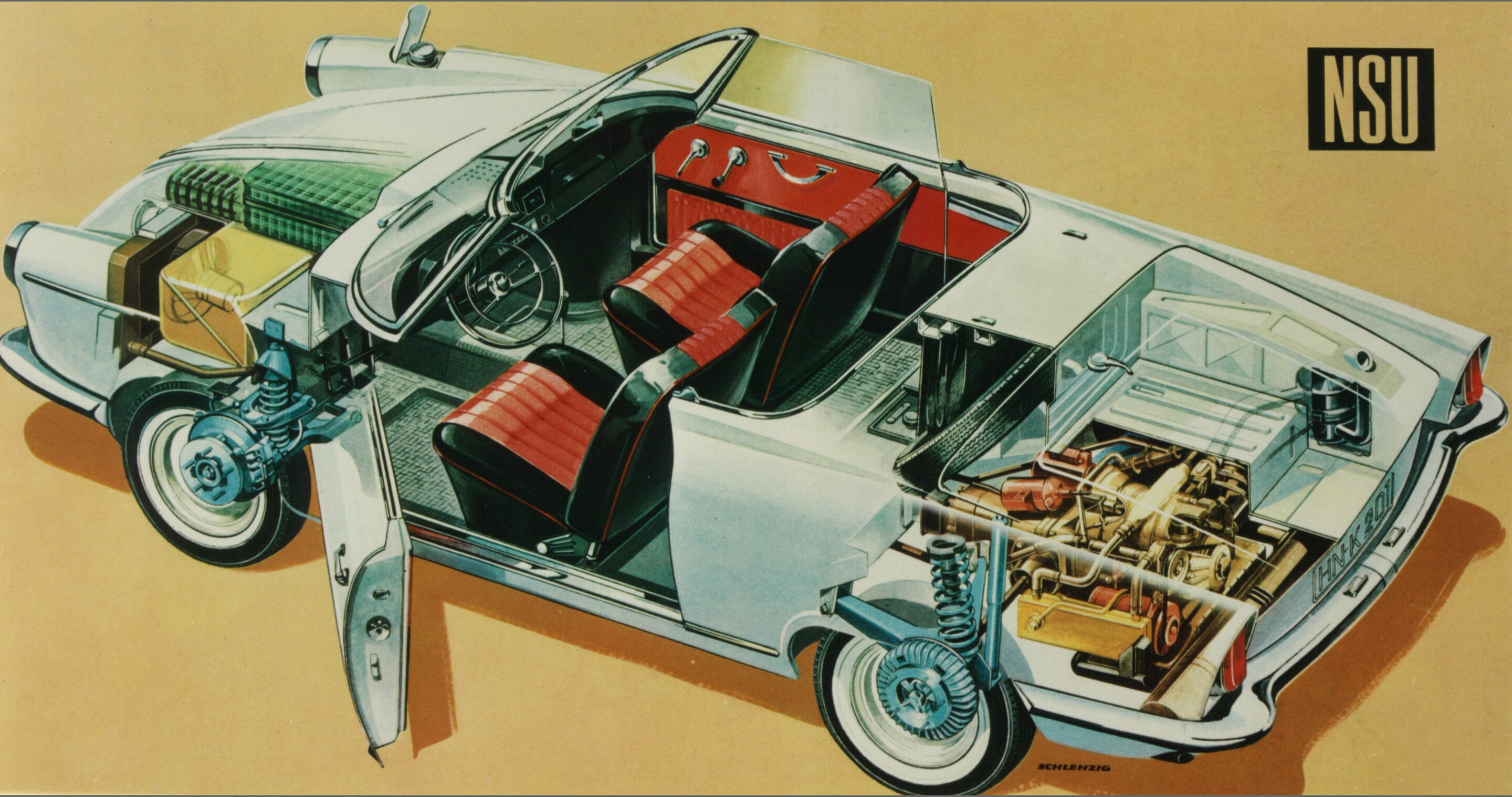 The traditional NSU brand and Audi’s Neckarsulm site: 150 years of innovation and transformation - A depiction from a 1964 ad brochure that shows off the new engine concept – a single-rotor Wankel rotary engine.
