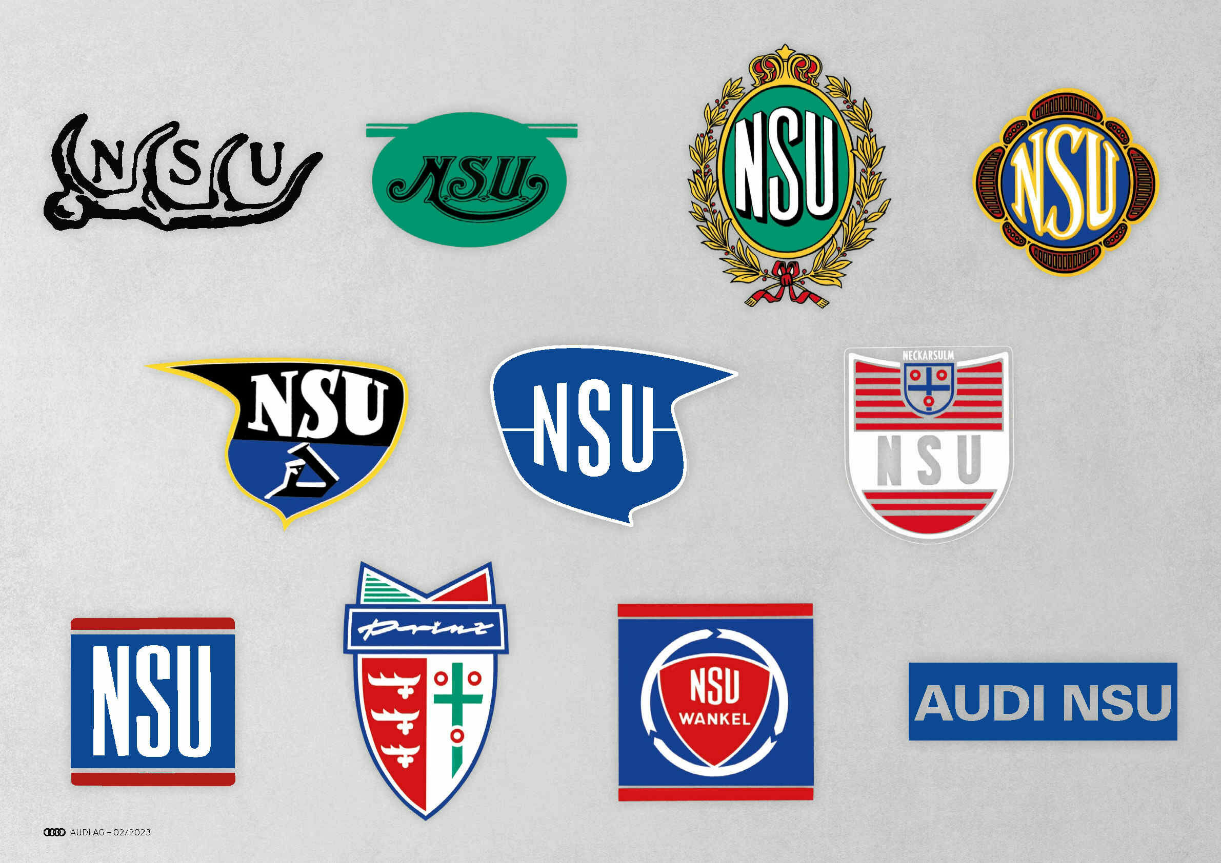 The traditional NSU brand and Audi’s Neckarsulm site: 150 years of innovation and transformation - A series of NSU logos through the ages.