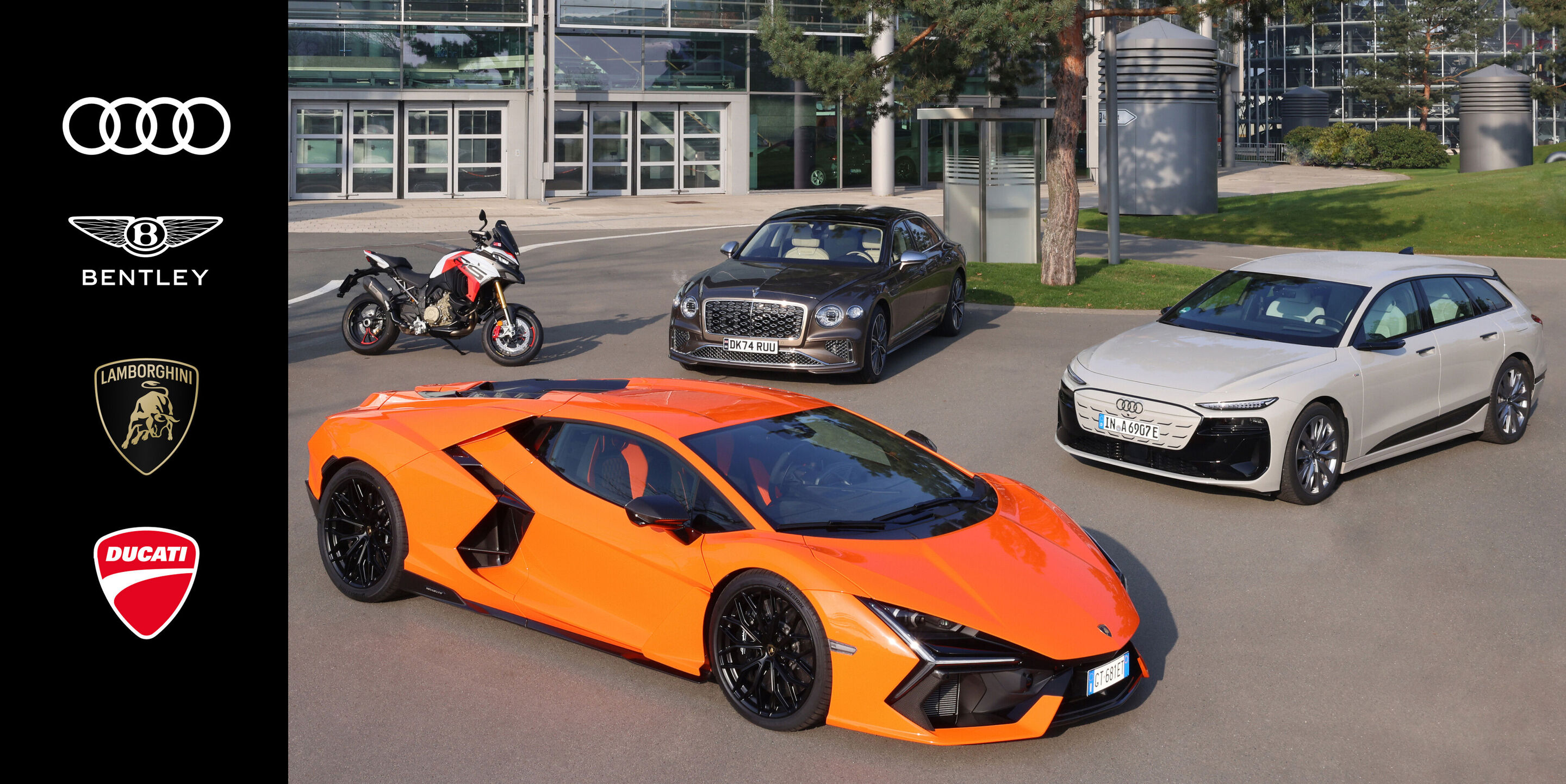Brand Group Progressive - Ducati Multistrada V4 RS, Lamborghini Revuelto, Bentley Flying Spur Mulliner, Audi A6 e-tron (from left to right)