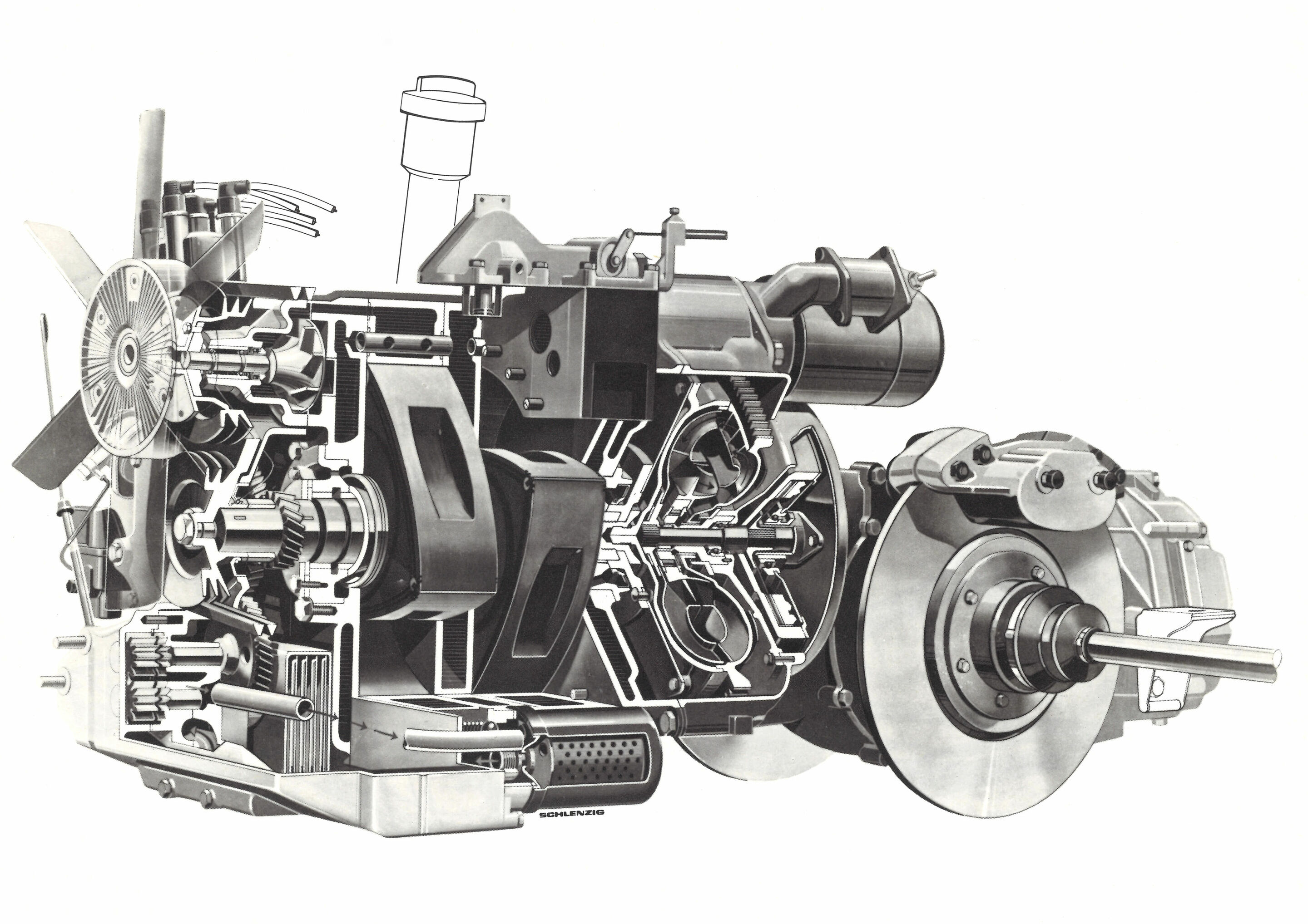 The NSU Ro 80’s two-disc rotary piston engine - Asectional drawing from 1969.