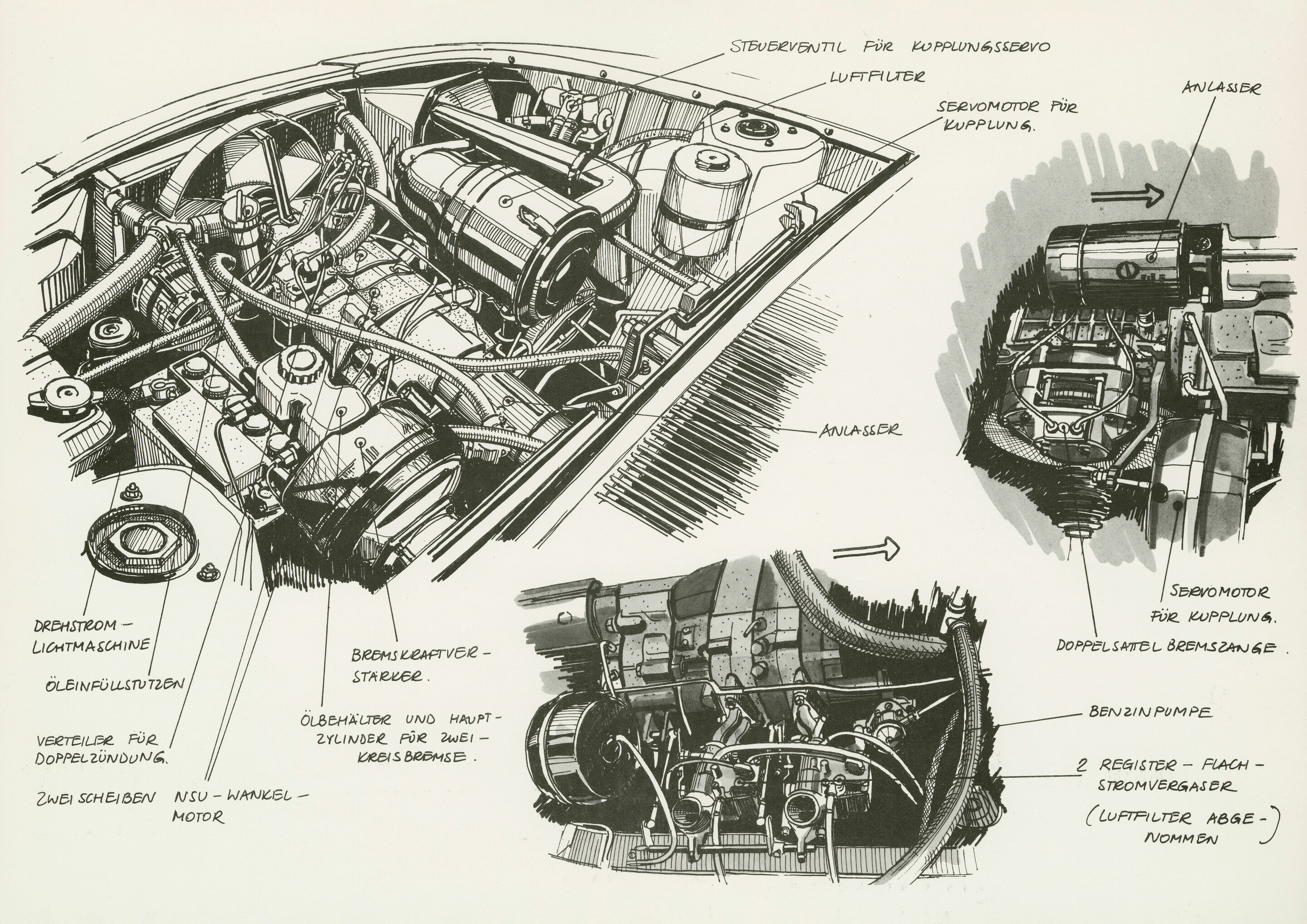 Designzeichnung des Zweischeiben-Kreiskolbenmotors im NSU Ro 80 - Designzeichnung des Zweischeiben-Kreiskolbenmotors im NSU Ro 80.