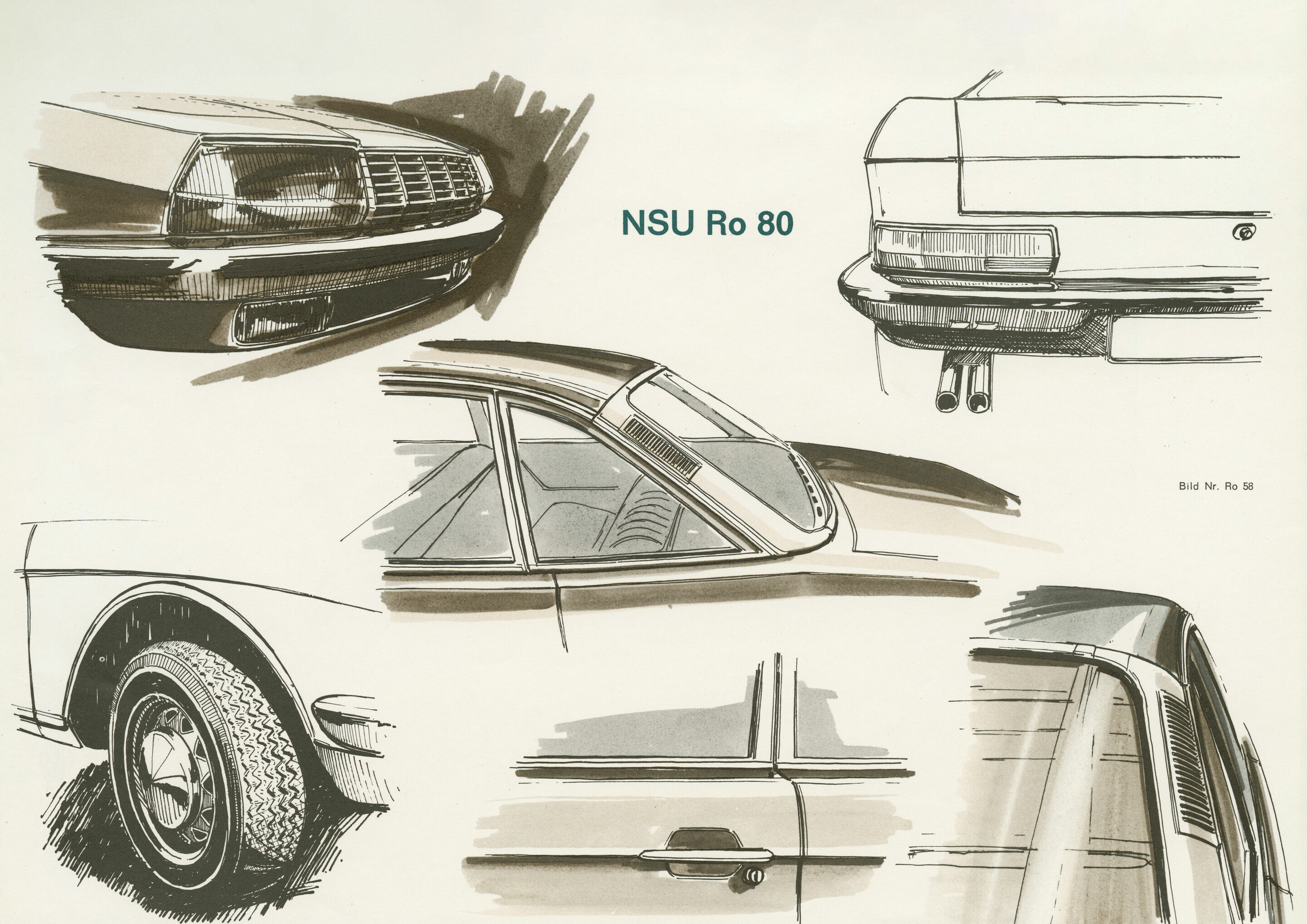 Designzeichnung des NSU Ro 80 - Einzelne Ausschnitte des Autos.