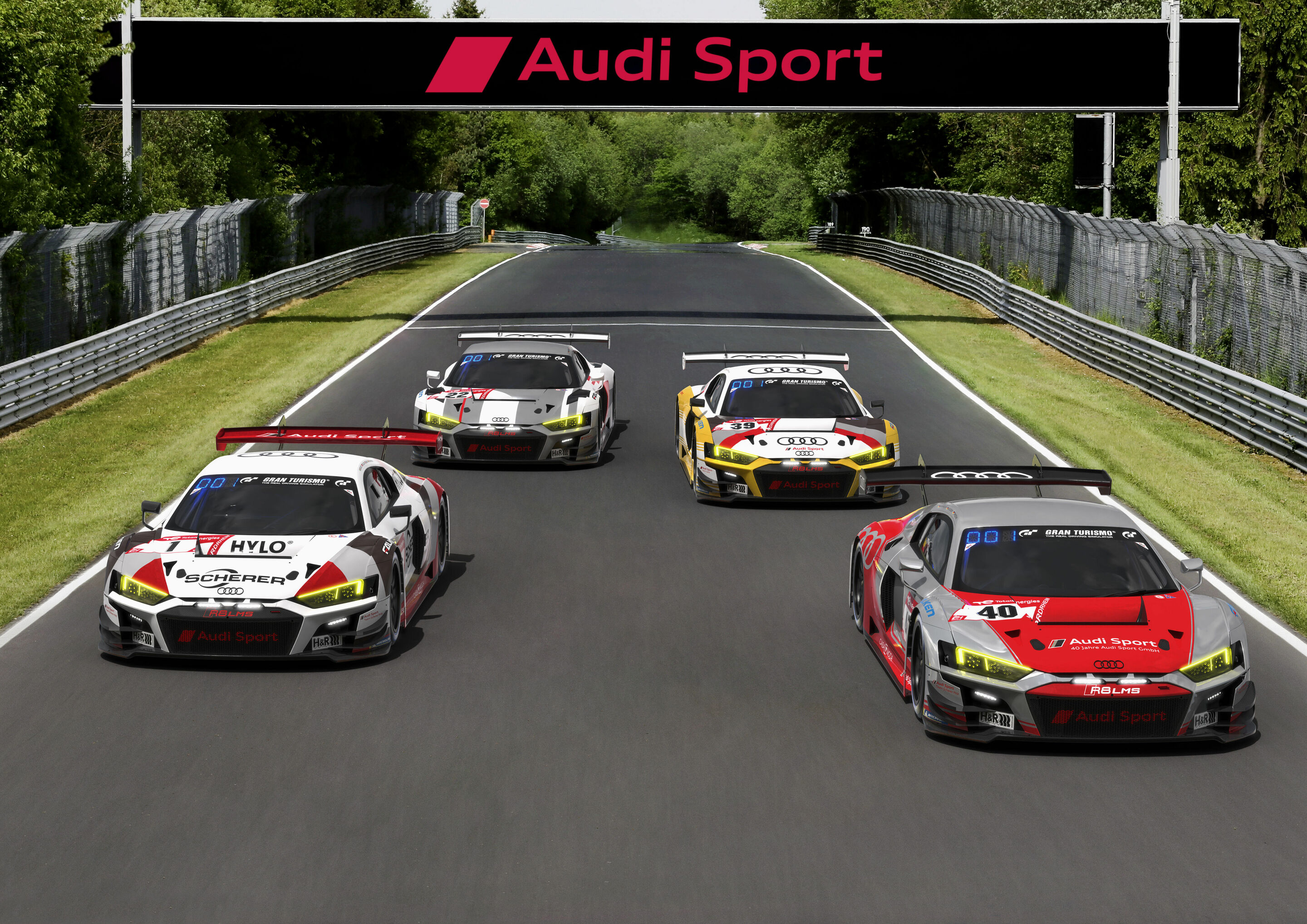 24h Nürburgring 2023 - Audi R8 LMS #40 (Audi Sport Team Scherer PHX), Mike Rockenfeller/Timo Scheider/Martin Tomczyk; Audi R8 LMS #1 (Audi Sport Team Scherer PHX), Mattia Drudi/Ricardo Feller/Dennis Lind/Frédéric Vervisch; Audi R8 LMS #39 (Audi Sport...