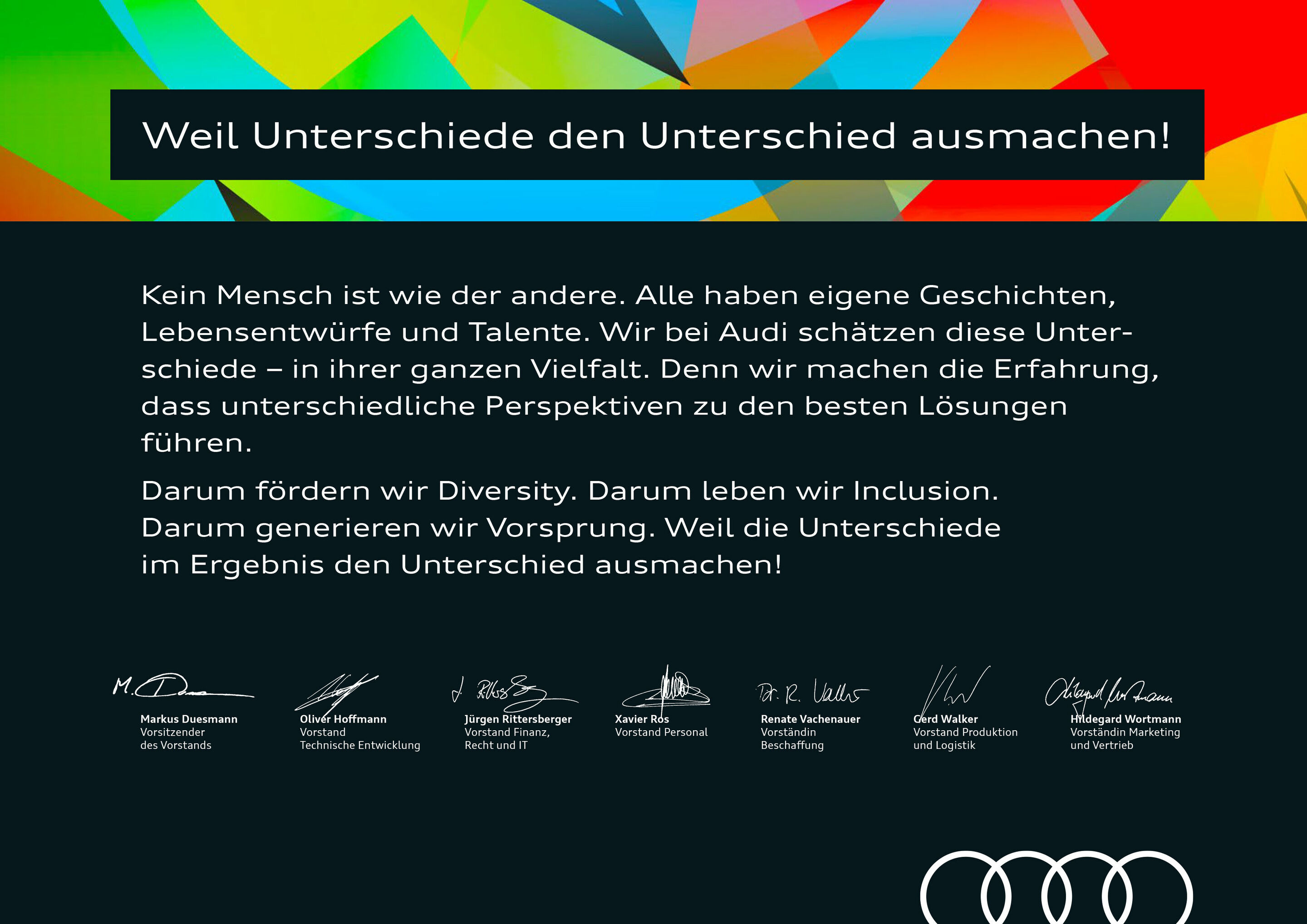 Infografik - Audi stärkt Diversity & Inclusion - Das Diversity-Manifest wurde vom gesamten Audi Vorstand unterzeichnet.
