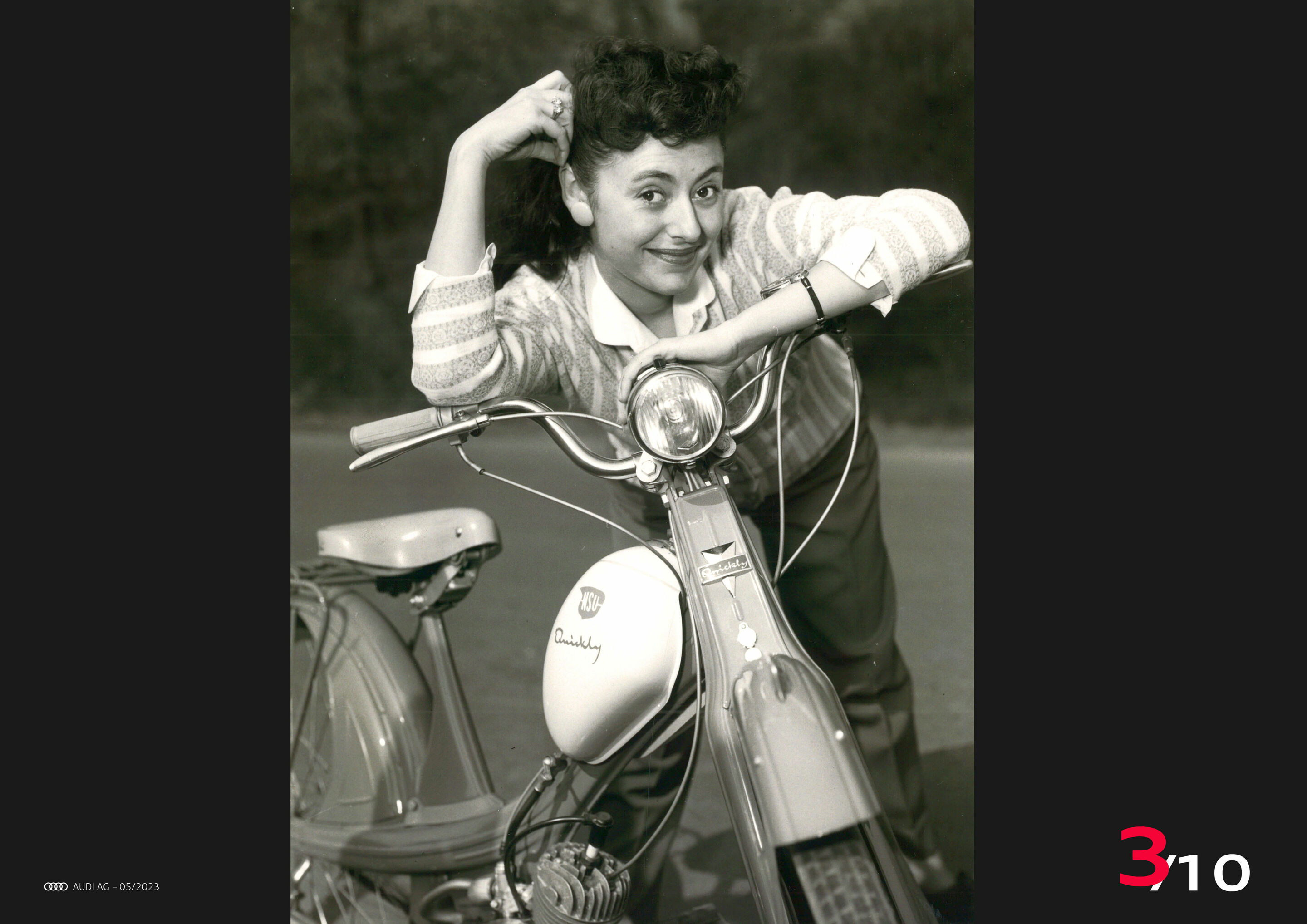 „Nicht mehr laufen, Quickly kaufen“: die NSU Quickly - Zwischen 1953 und 1955 haben sich mehr als 50 VIPs, „Promis“, mit der NSU Quickly ablichten lassen – hier: Catharina Valente 1955.