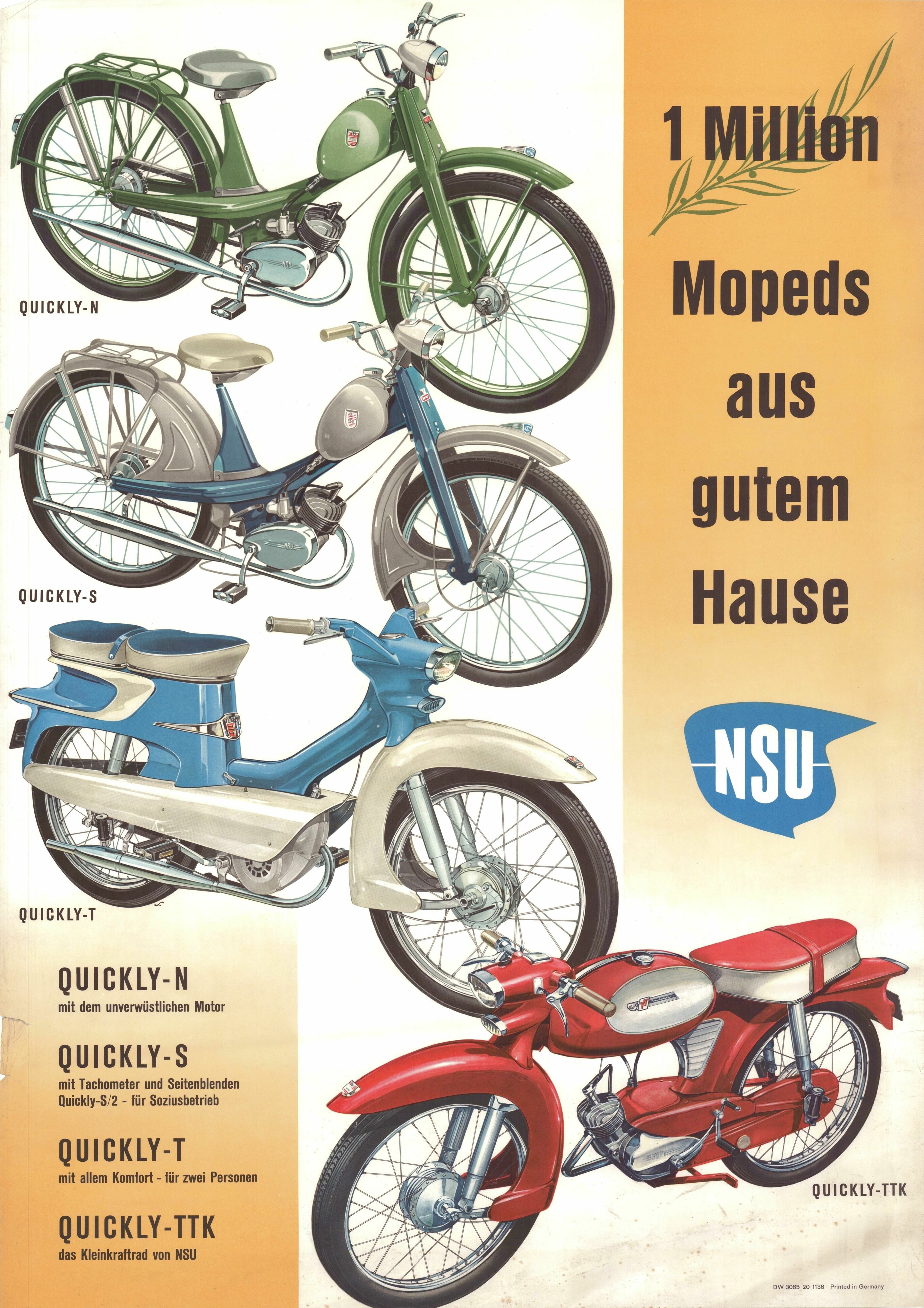 „Nicht mehr laufen, Quickly kaufen“: die NSU Quickly - Werbeanzeige zum Erreichen des Verkaufsrekords von einer Million NSU Quicklys.