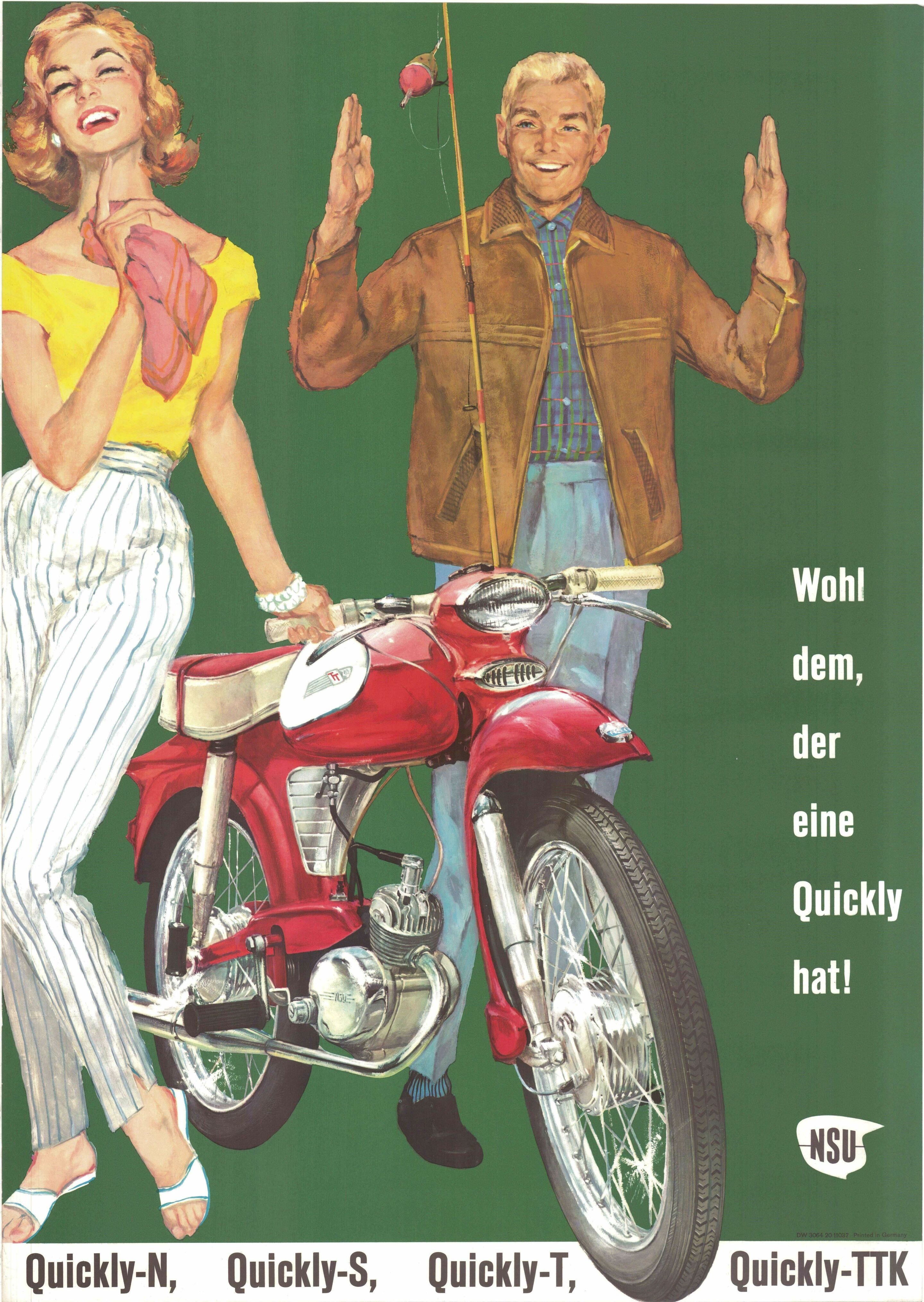 „Nicht mehr laufen, Quickly kaufen“: die NSU Quickly - Ein historisches Werbeplakat zur NSU Quickly: „Wohl dem, der eine Quickly hat!“