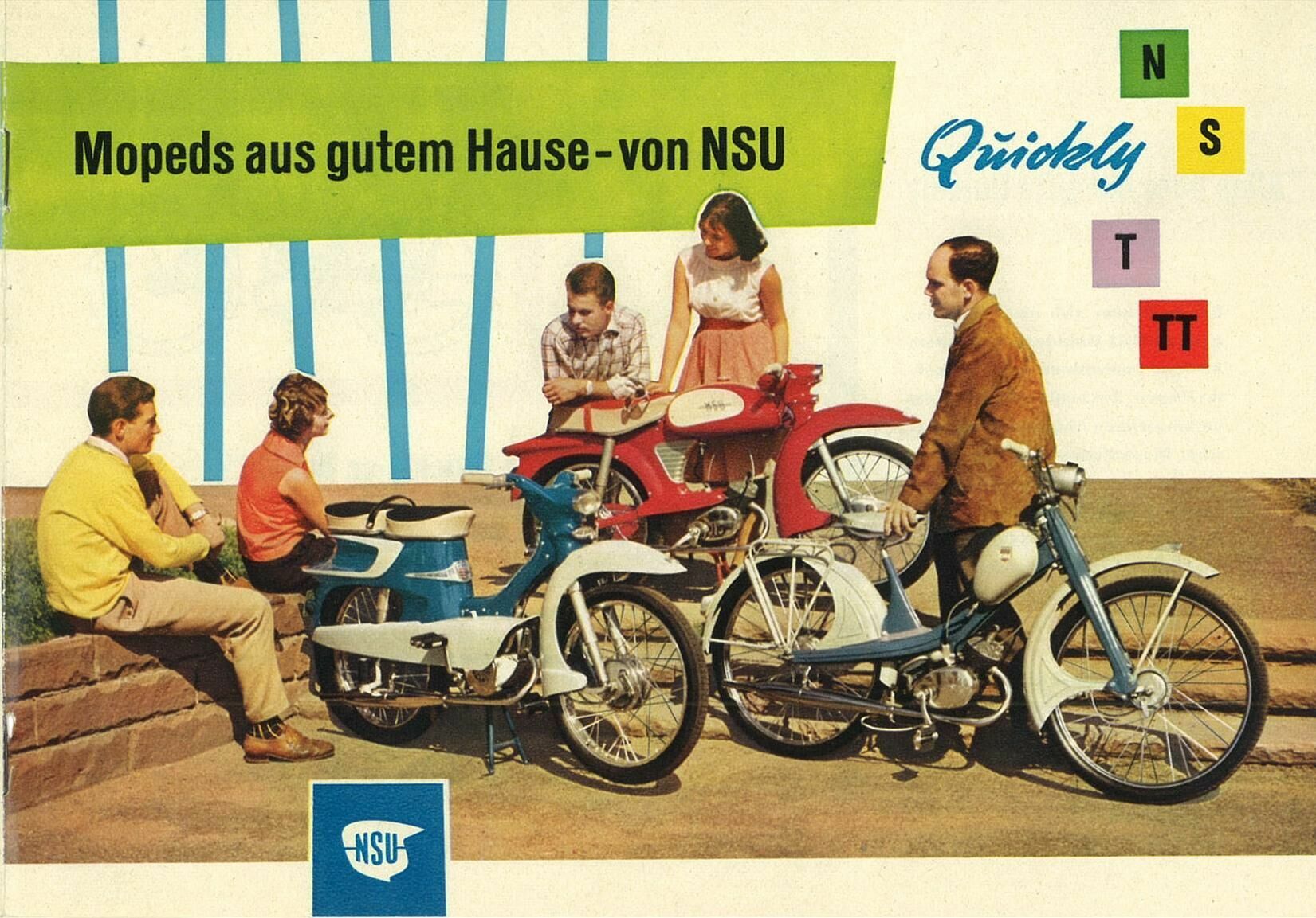 „Nicht mehr laufen, Quickly kaufen“: die NSU Quickly - Werbeanzeige aus dem Jahr 1959 mit der Übersicht der NSU Quickly Modelle.