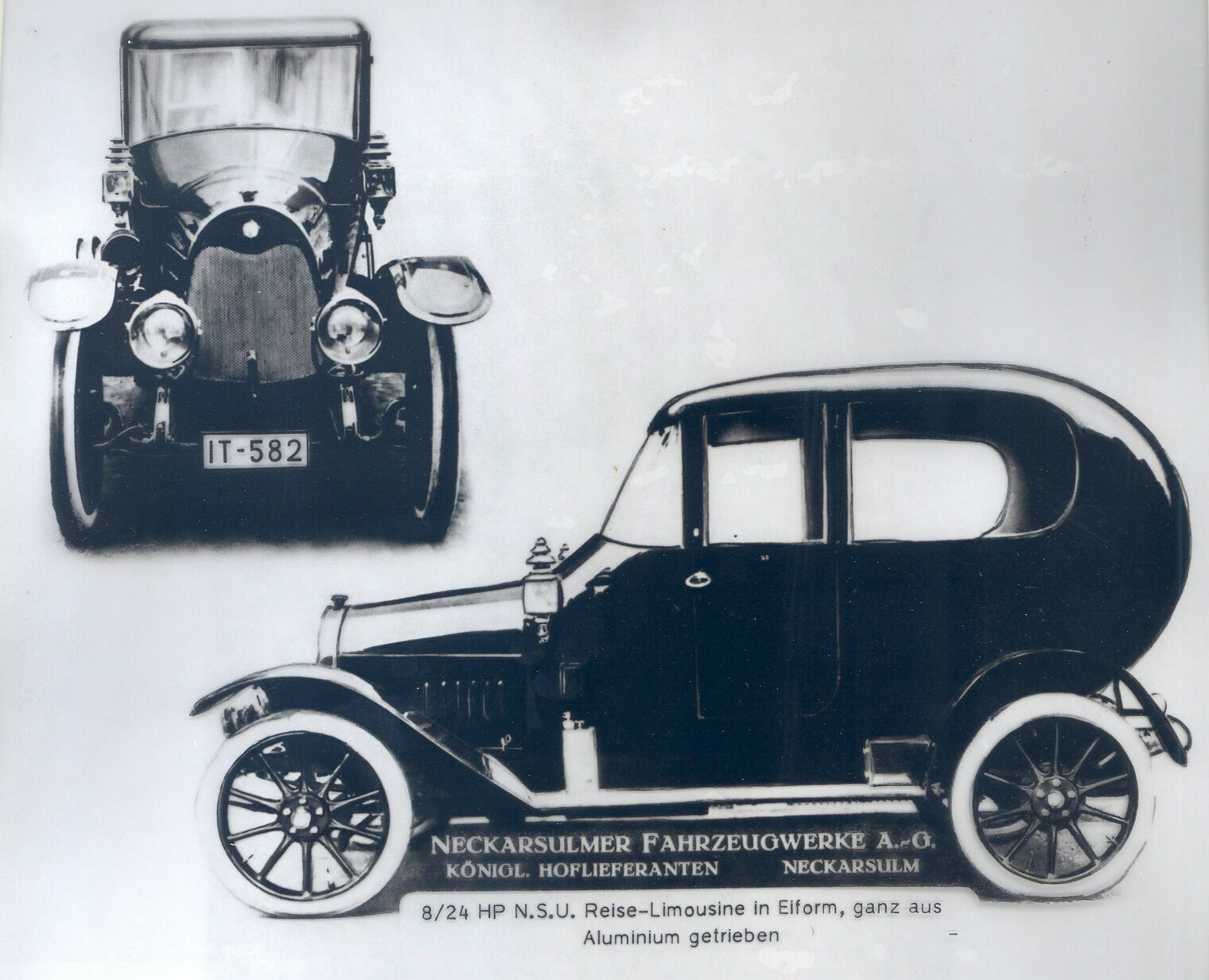 Neue Sonderausstellung zur Traditionsmarke NSU - Eine historische Aufnahme des NSU Typ 8/24 PS. Das Auto, für dessen Karosserie NSU erstmals Aluminium verwendet hat, wurde mit Kosenamen auch „Alu-Ei“ genannt. Ein 1:4-Modell ist Teil der Sonderausstellung...