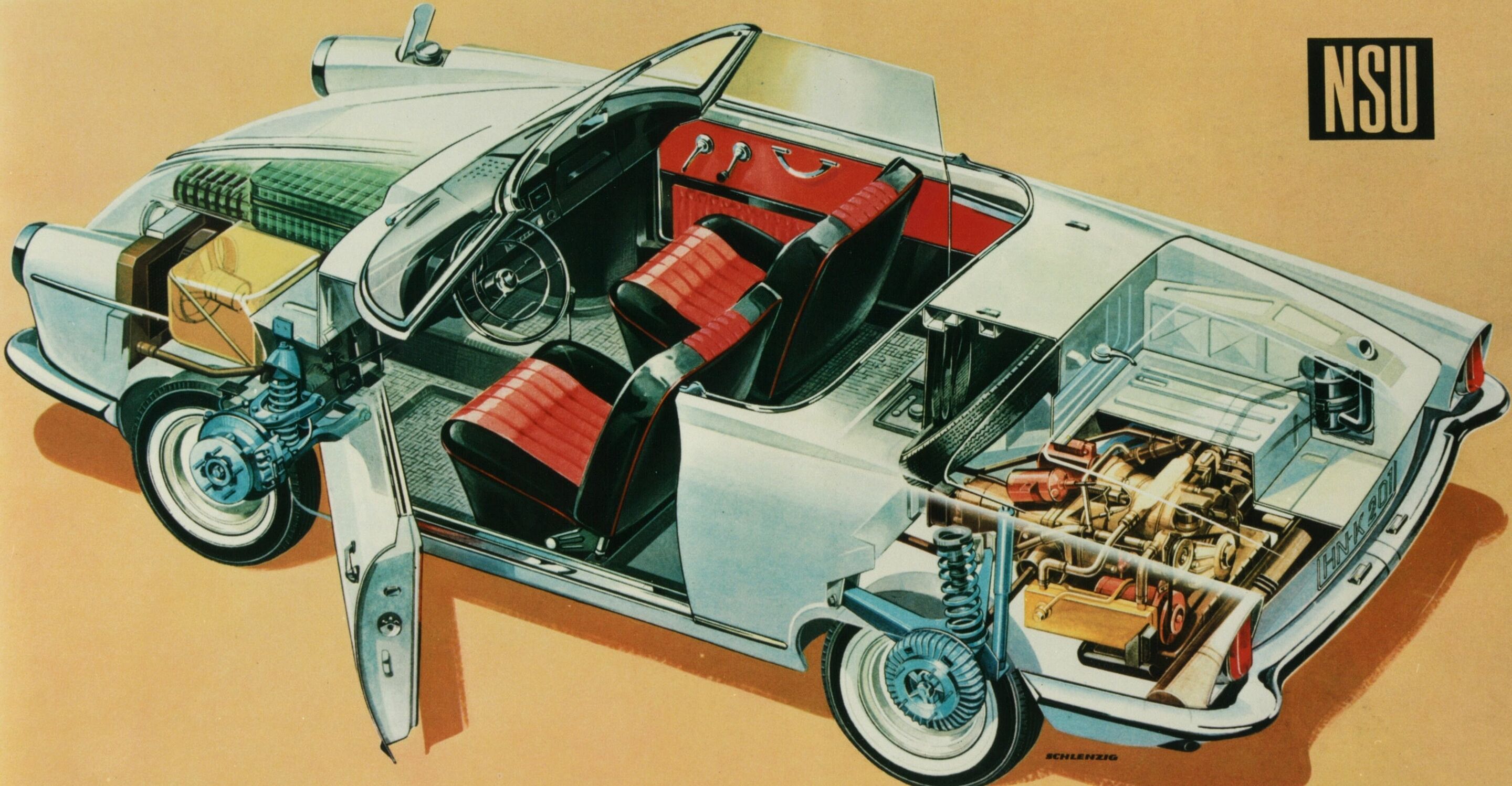 Sporty, beautiful, and innovative: the NSU/Wankel Spider - A cutaway drawing of the NSU/Wankel Spider.