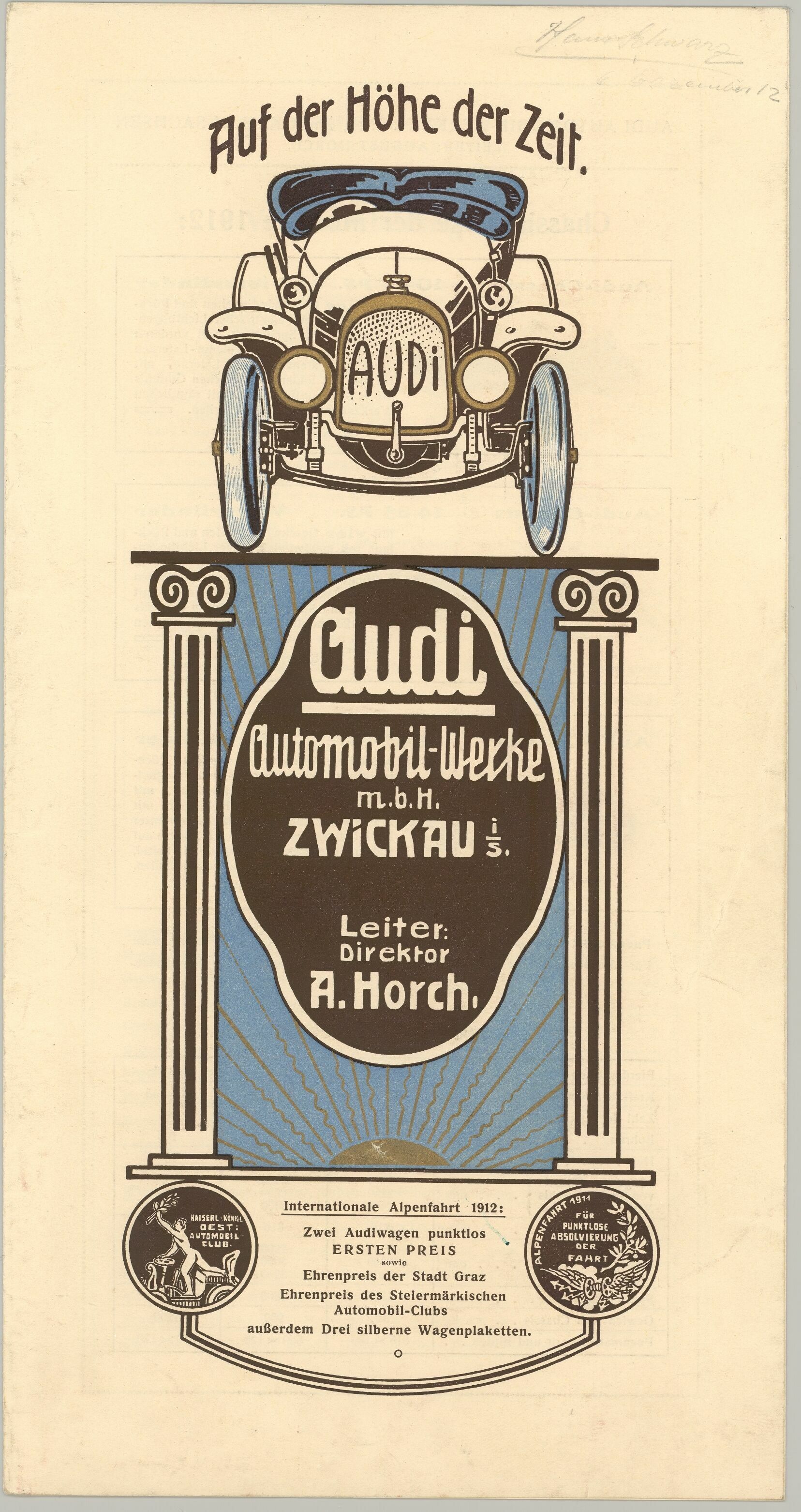 „Audi, 1909 bis 1940 – Autos, Marke, Unternehmen“ - Ein Audi-Prospekt aus dem Jahr 1912.