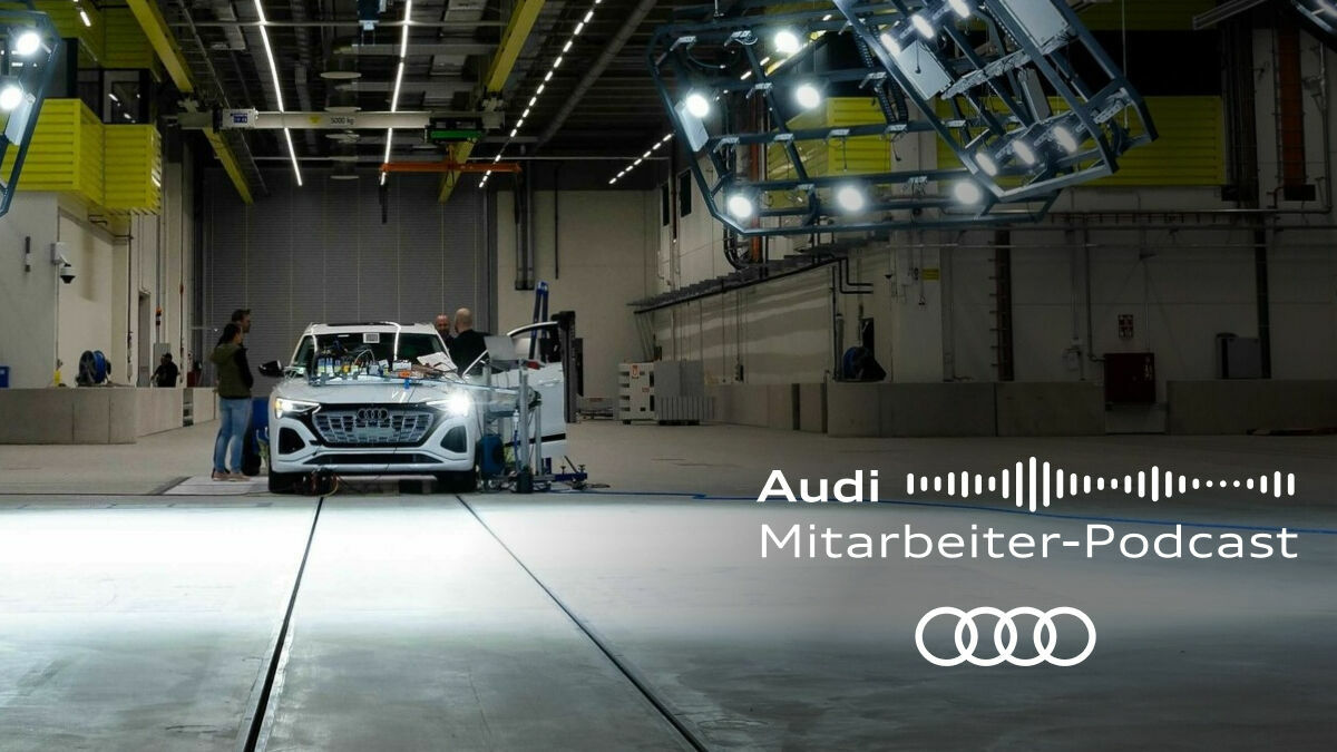 Audi Mitarbeiter-Podcast - Wo wir die schönen Autos kaputt machen" - Kameras, 3D-Scans, Sensoren, Dummys: Ein Actionfilm? Nein! Oliver Schlicht und Franz Fürst gewähren Brigitte Theile einen Blick hinter die Kulissen des neuen Fahrzeugsicherheitszentrums...