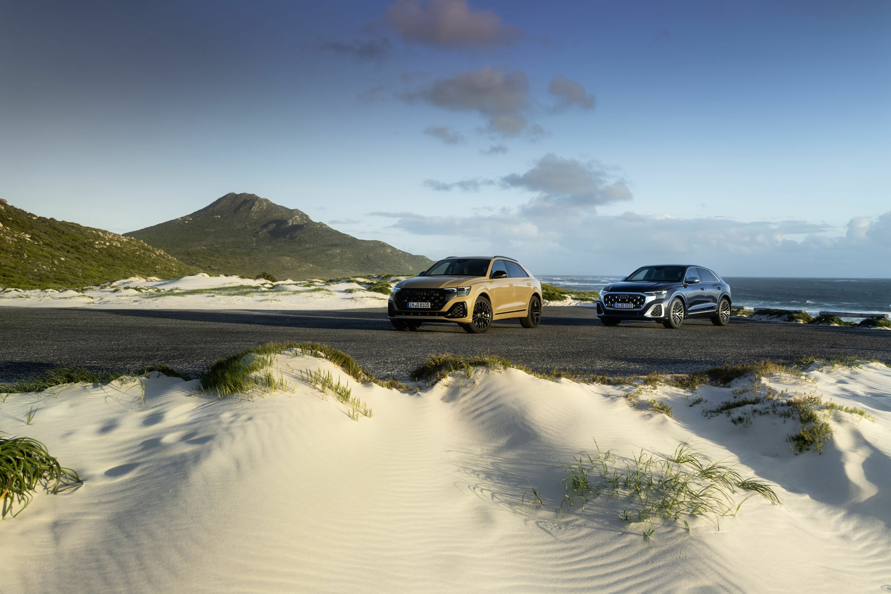 Audi Q8 / Audi SQ8 TFSI - Standaufnahme,
Audi Q8, Farbe: Sakhirgold,
Audi SQ8, TFSI Farbe: Metallic; Waitomoblau