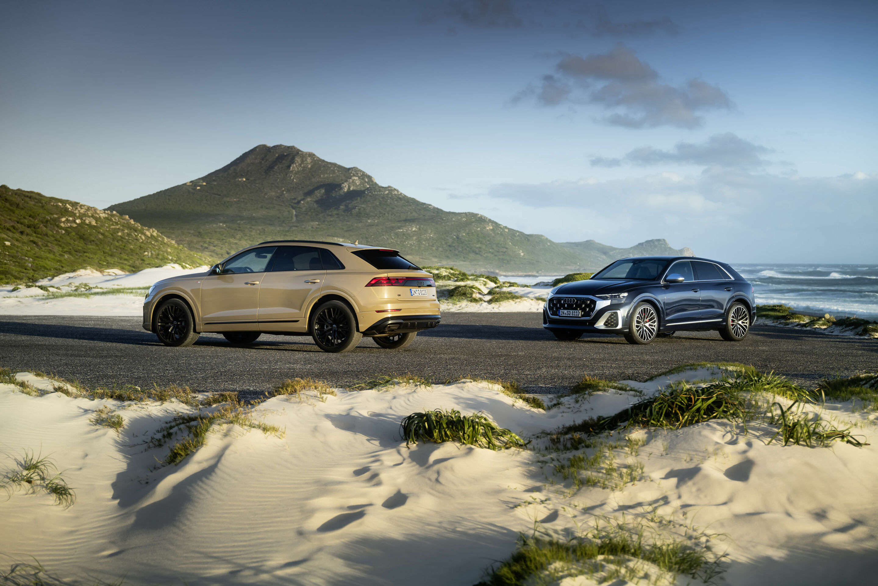 Audi Q8 / Audi SQ8 TFSI - Standaufnahme,
Audi Q8, Farbe: Sakhirgold,
Audi SQ8, TFSI Farbe: Metallic; Waitomoblau