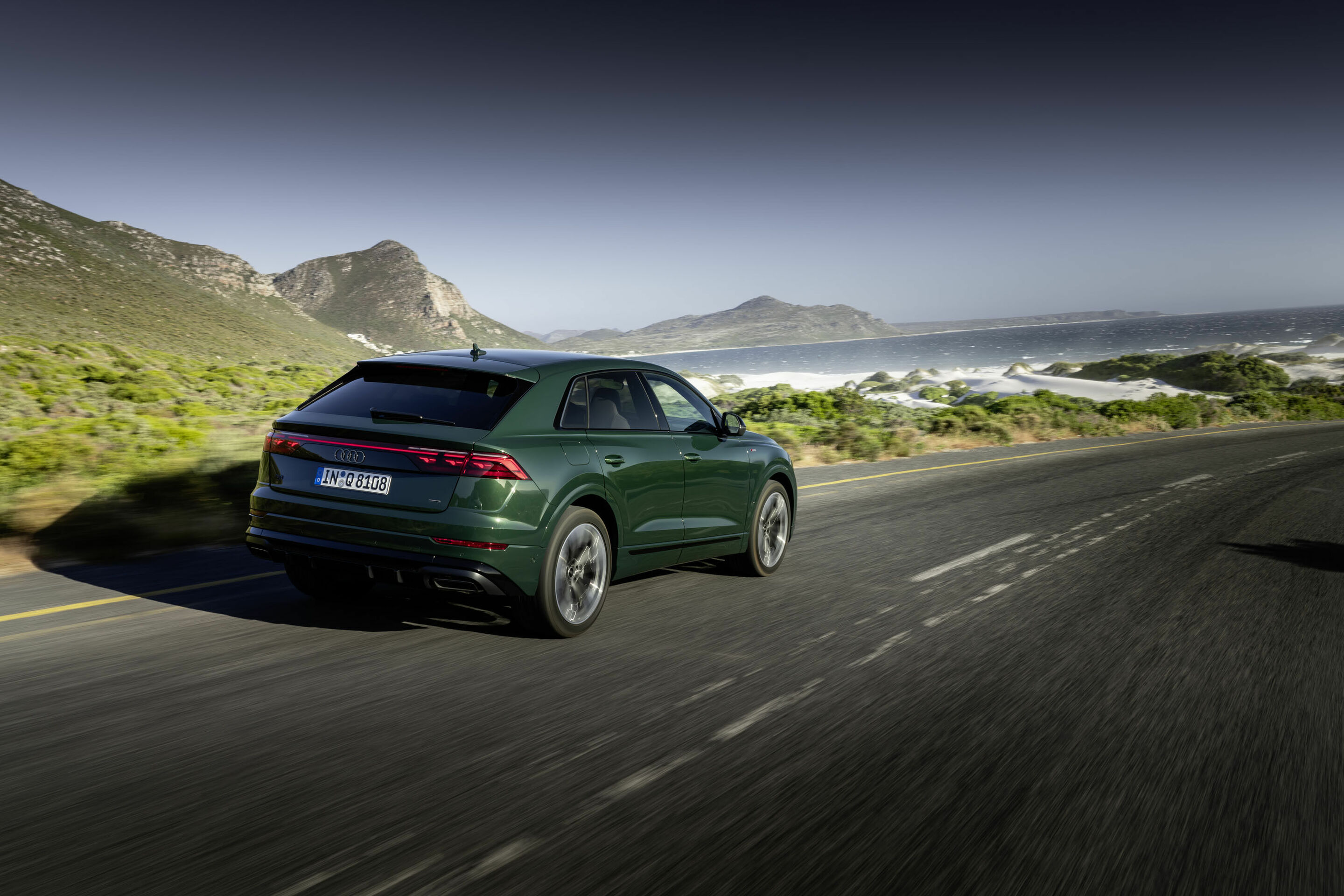 Audi Q8 - Dynamic photo,
Audi exclusive paint finish (Goodwoodgreen pearl effect)