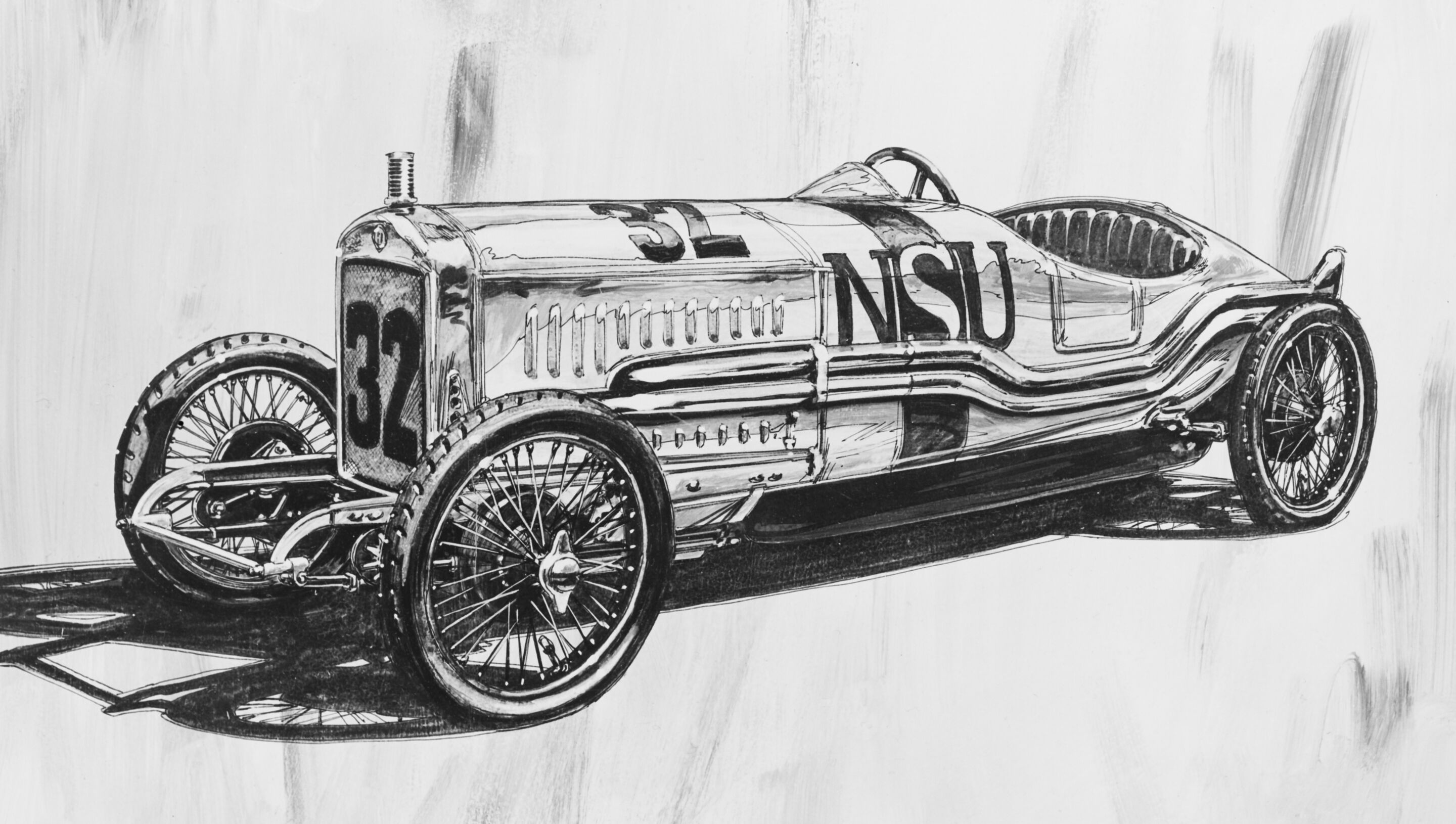 Vierfachsieg für die NSU-Rennwagen Typ 6/60 PS beim „Großen Preis von Deutschland“ auf der AVUS - Eine historische Zeichnung des NSU Typ 6/60 PS Rennwagen.