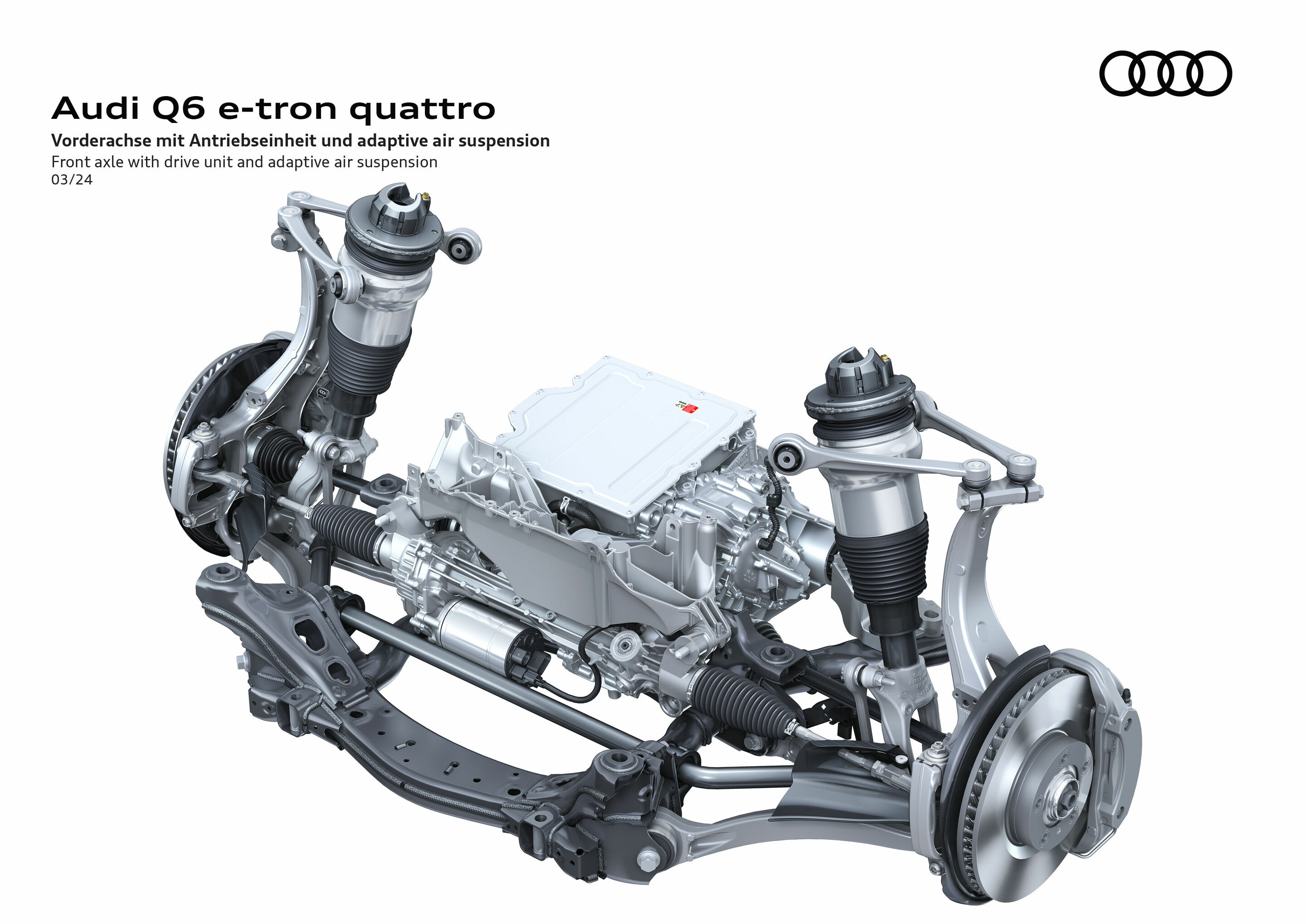 Illustration - Audi Q6 e-tron quattro - Vorderachse mit Antriebseinheit und adaptive air suspension