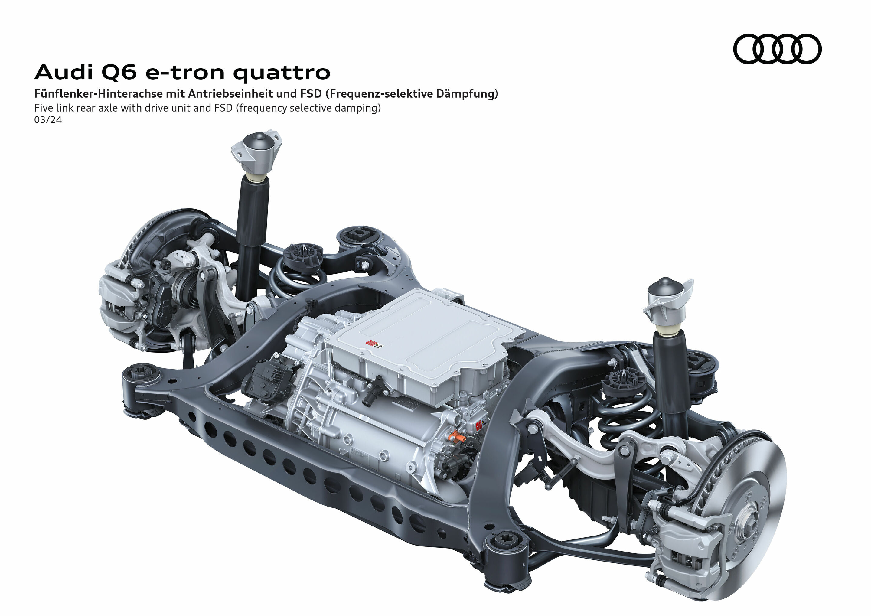 Illustration - Audi Q6 e-tron quattro - Fünflenker-Hinterachse mit Antriebseinheit und Frequenz-selektiver Dämpfung (FSD)