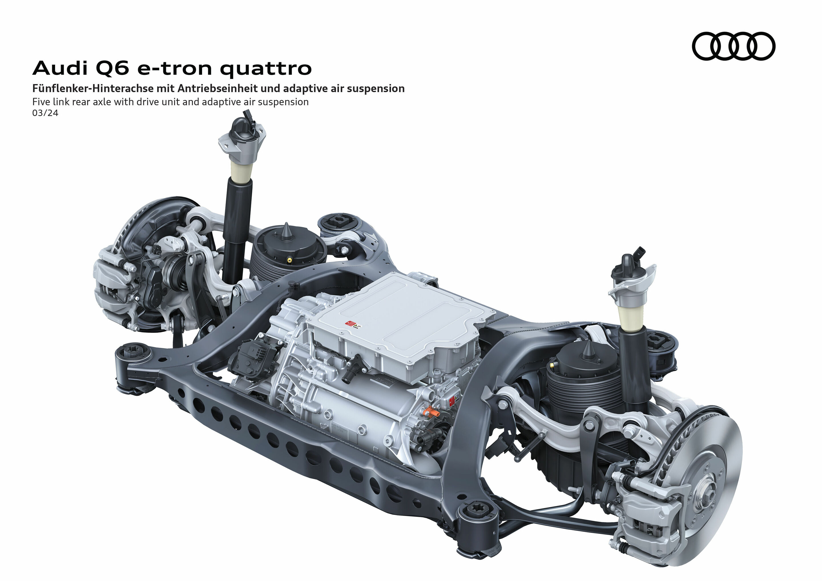 Illustration - Audi Q6 e-tron quattro - Fünflenker-Hinterachse mit Antriebseinheit und adaptive air suspension