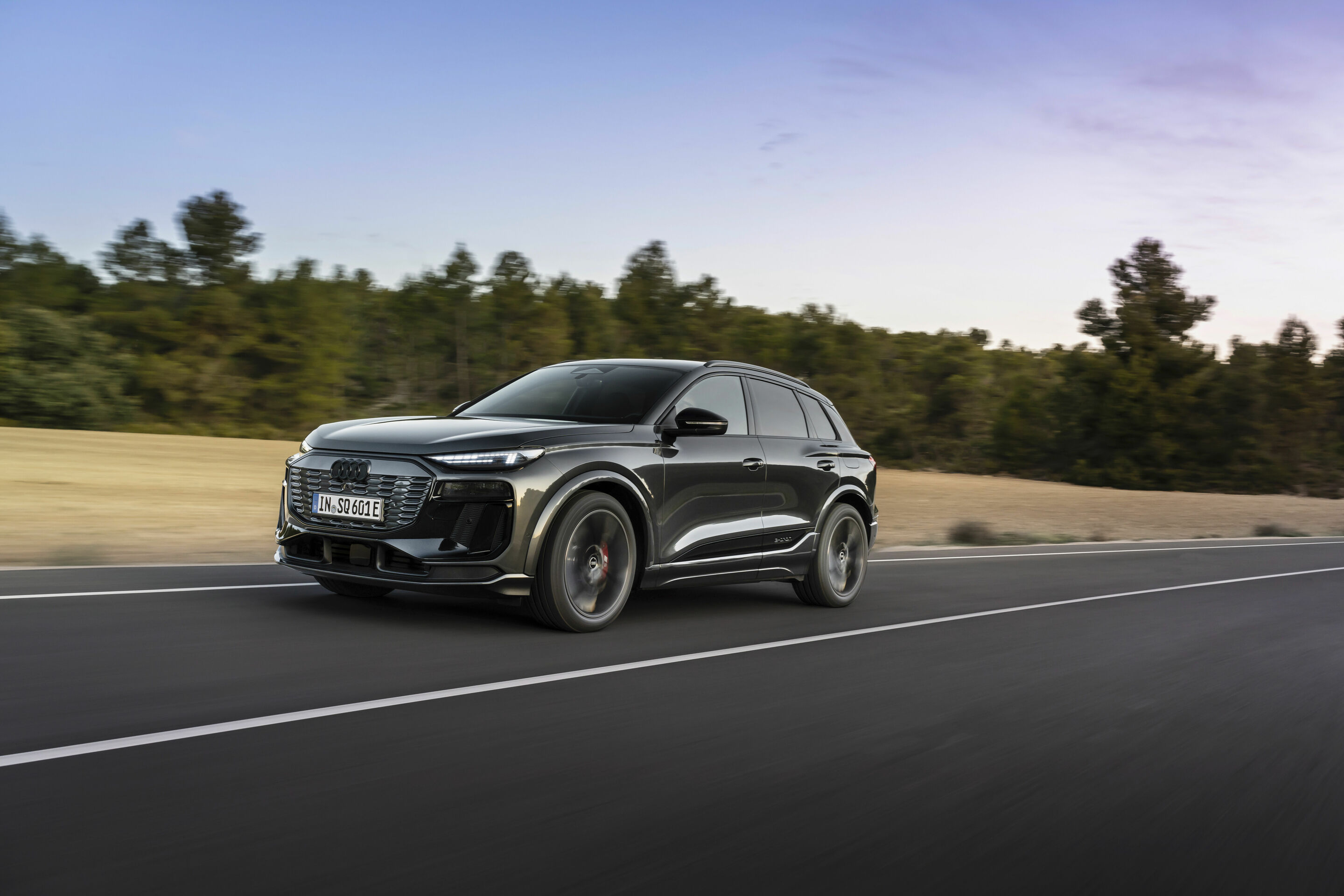 Audi SQ6 e-tron - Fahraufnahme,
Farbe: Daytonagrau Perleffekt
