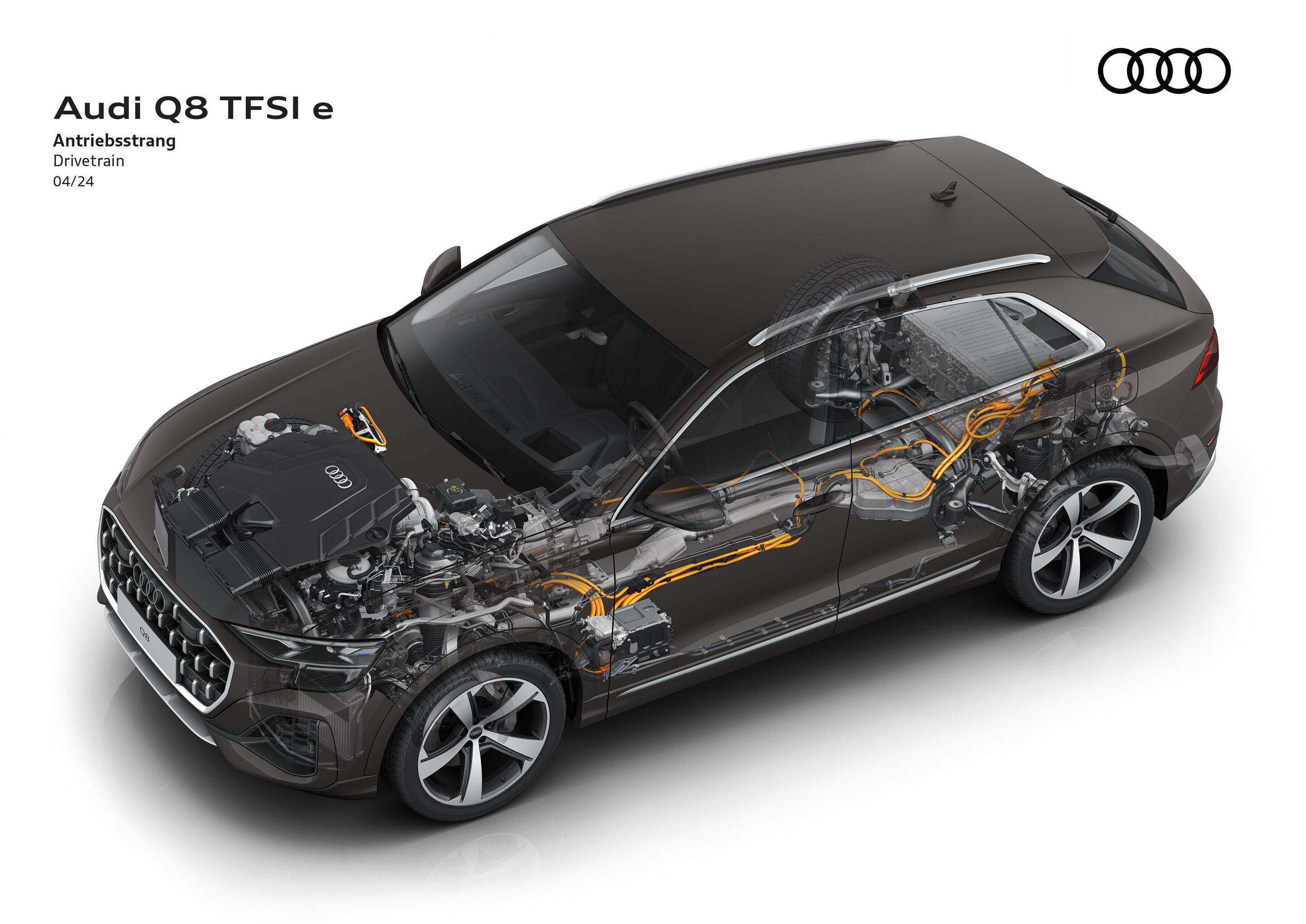 Illustration - Audi Q8 TFSI e quattro - At the heart of the Q8 TFSI e quattro is a three-liter six-cylinder petrol engine with 250 kW (340 PS), a compact electric motor (PSM) with 130 kW maximum power, 460 Nm and the new, more powerful, liquid-cooled...