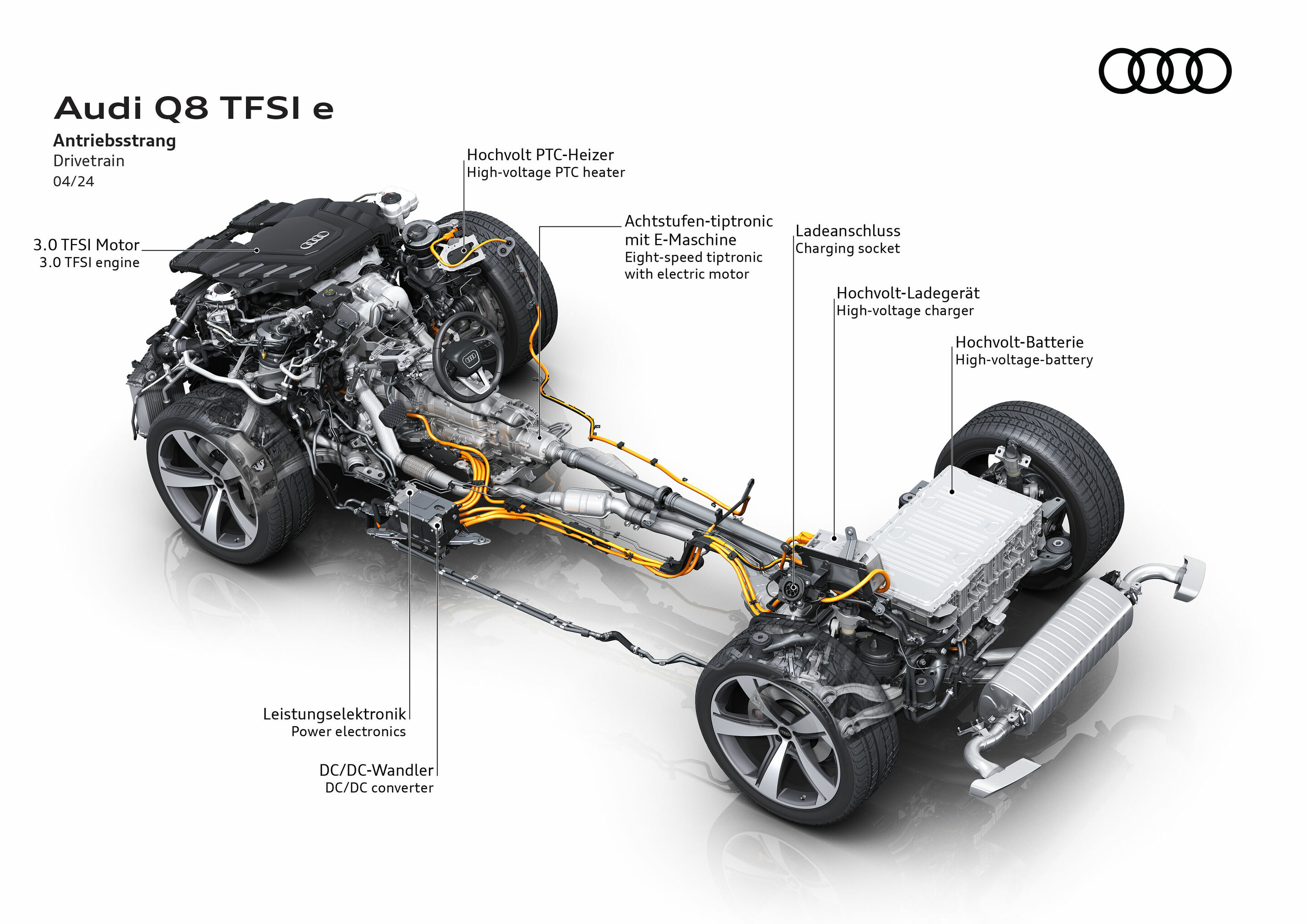Illustration - Audi Q8 TFSI e quattro - Kern des Q8 TFSI e quattro ist ein Dreiliter-Sechszylinder-Ottomotor mit 250 kW (340 PS), ein kompakter E-Motor (PSM) mit 130 kW maximaler Leistung, 460 Nm und die neue leistungsstärkere, flüssigkeitsgekühlte Lithium-Batterie.