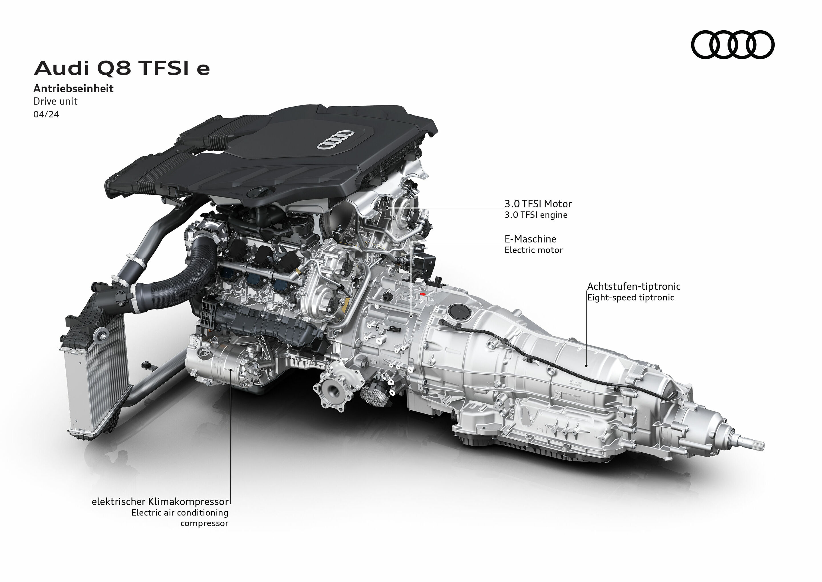 Illustration - Audi Q8 TFSI e quattro - Verbrenner-seitig arbeitet immer ein Dreiliter-Sechszylinder-Ottomotor [250 kW (340 PS)] mit dem kompakten E-Motor (PSM) mit 130 kW maximaler Leistung zusammen. Gekoppelt ist das Aggregat stets an eine Achtstufen-tiptronic.