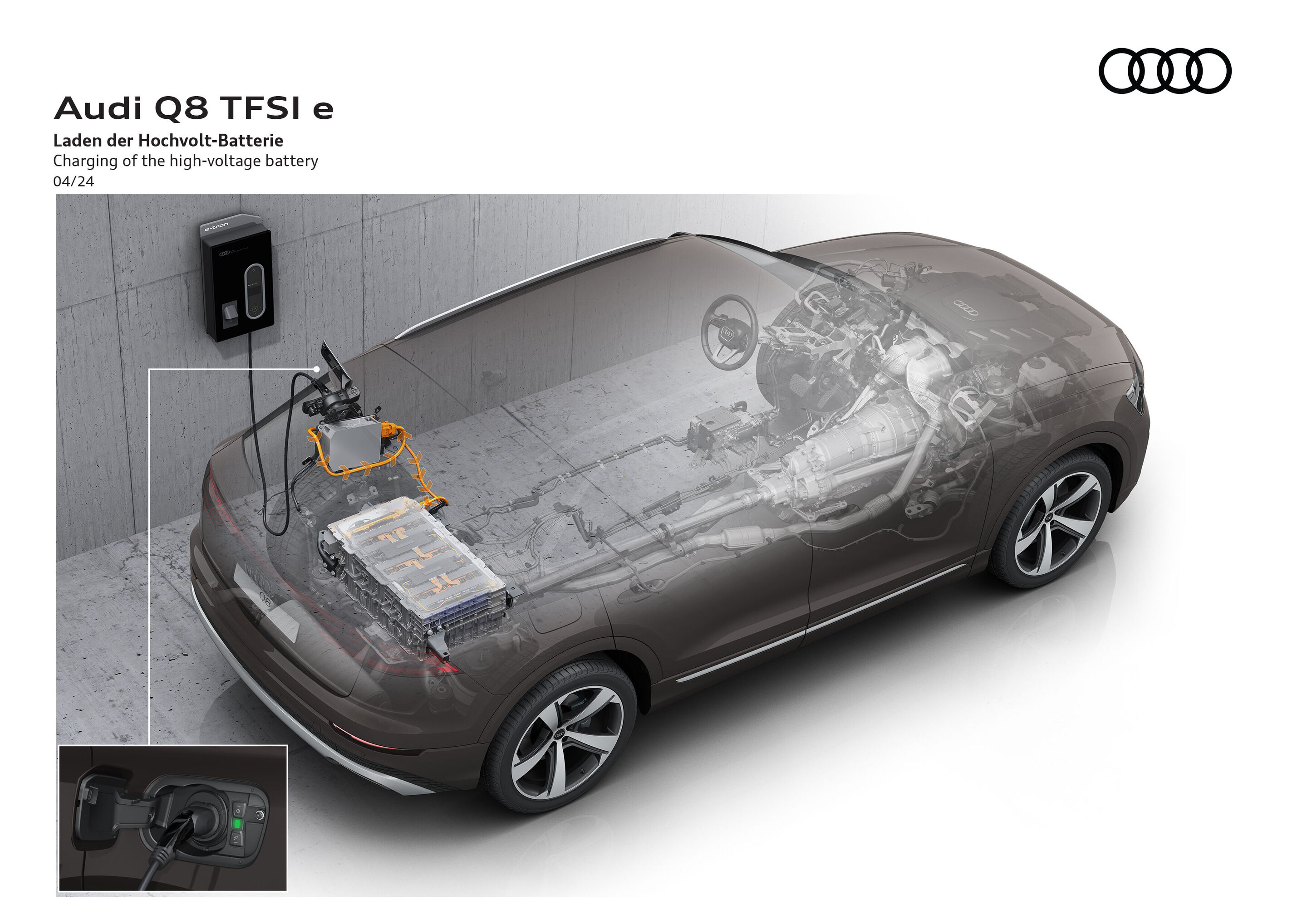 Illustration - Audi Q8 TFSI e quattro - Geladen wird mit bis zu 7,4 kW, damit erreicht die Batterie in etwa drei Stunden und 45 Minuten 100 Prozent. Der Audi-eigene Ladedienst Audi charging gewährt auf Wunsch Zugang zu ca. 630.000 Ladepunkten in 29 europäischen...