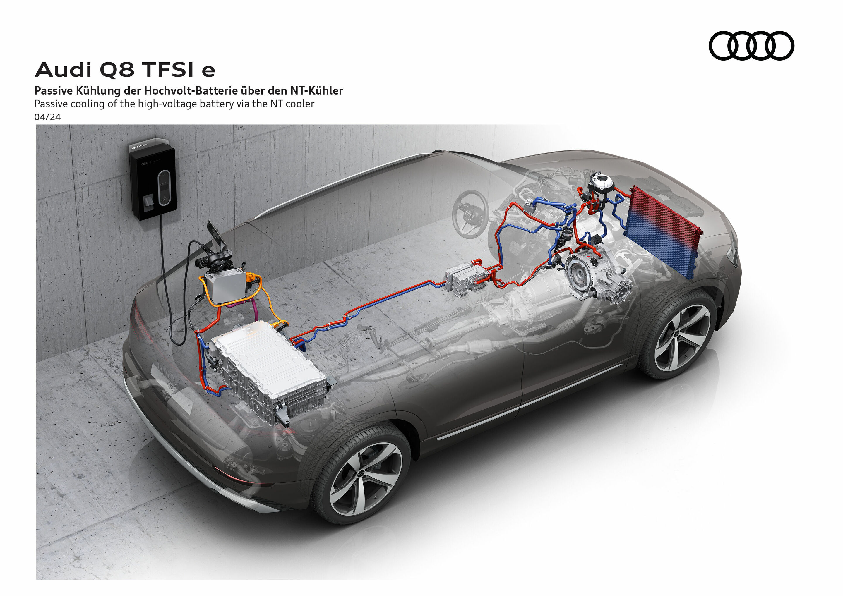 Illustration - Audi Q8 TFSI e quattro - Geladen wird mit bis zu 7,4 kW, damit erreicht die Batterie in etwa drei Stunden und 45 Minuten 100 Prozent. Der Audi-eigene Ladedienst Audi charging gewährt auf Wunsch Zugang zu ca. 630.000 Ladepunkten in 29 europäischen...