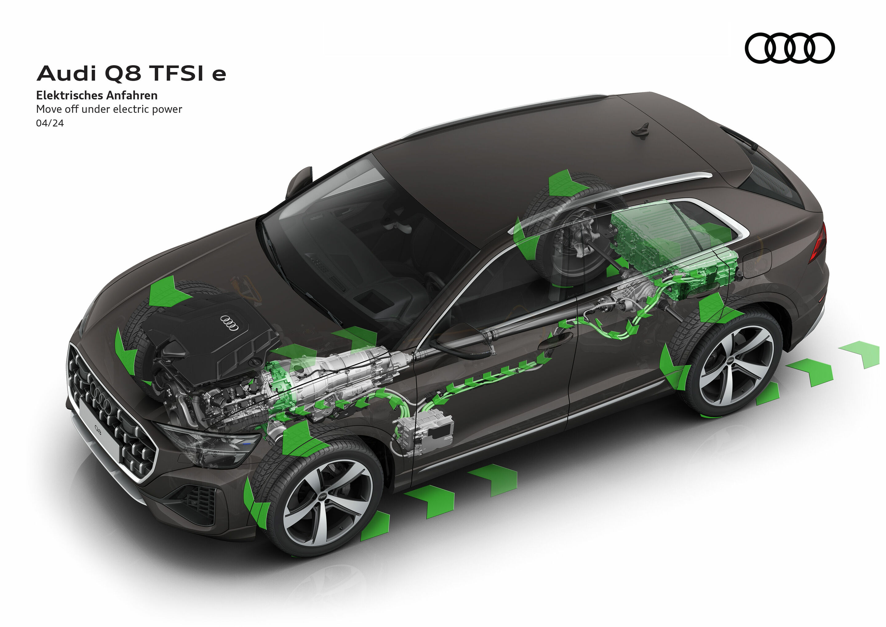 Illustration - Audi Q8 TFSI e quattro - Der Q8 TFSI e quattro startet auf Wunsch im rein elektrischen „EV“-Modus oder alternativ über den „Hybrid“-Modus. Detailüberarbeitungen für den „EV“-Modus sorgen dafür, dass auch bei komplett getretenem Fahrpedal...