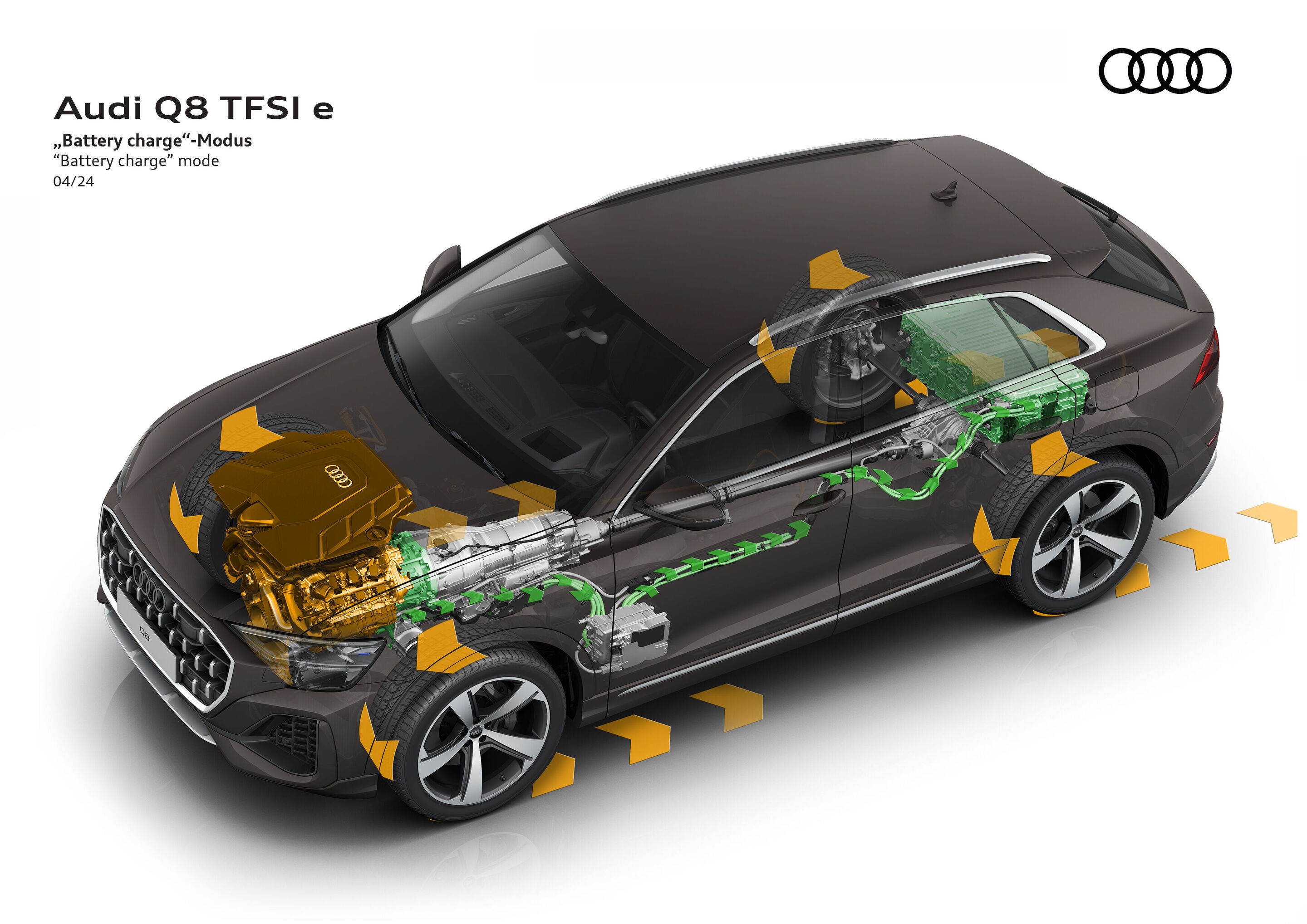 Illustration - Audi Q8 TFSI e quattro - Die Batterieladung im Modus „Charge“ erfolgt intelligent und ausschließlich über der Geschwindigkeitsgrenze von circa 65 km/h. Dies maximiert die Effizienz und gewährleistet so einen hohen elektrischen Anteil in...
