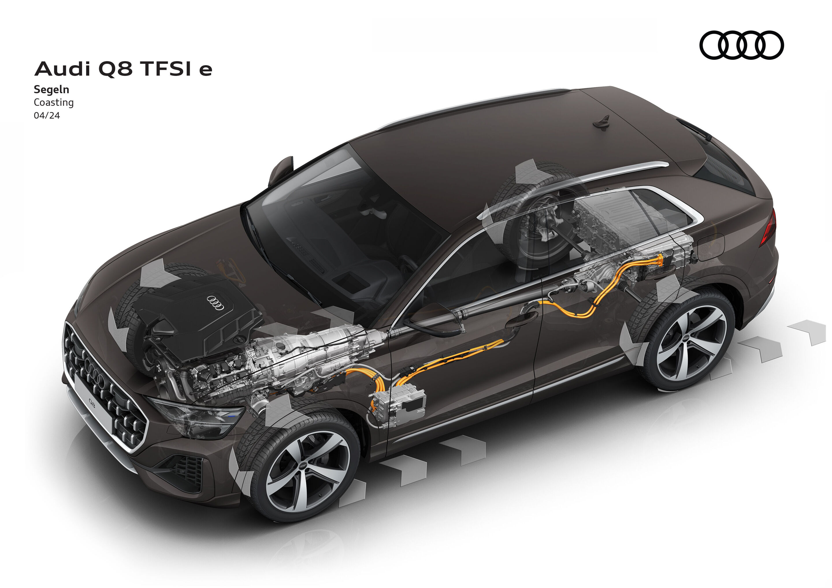 Illustration - Audi Q8 TFSI e quattro - Im Modus „Segeln“ wird der Dreiliter-Sechszylinder-Ottomotor abgeschaltet, der Wagen läuft „frei“, die Entscheidung dafür übernimmt der prädiktiven Effizienzassistent (PEA), um die Effizienz zu maximieren. Alternativ...
