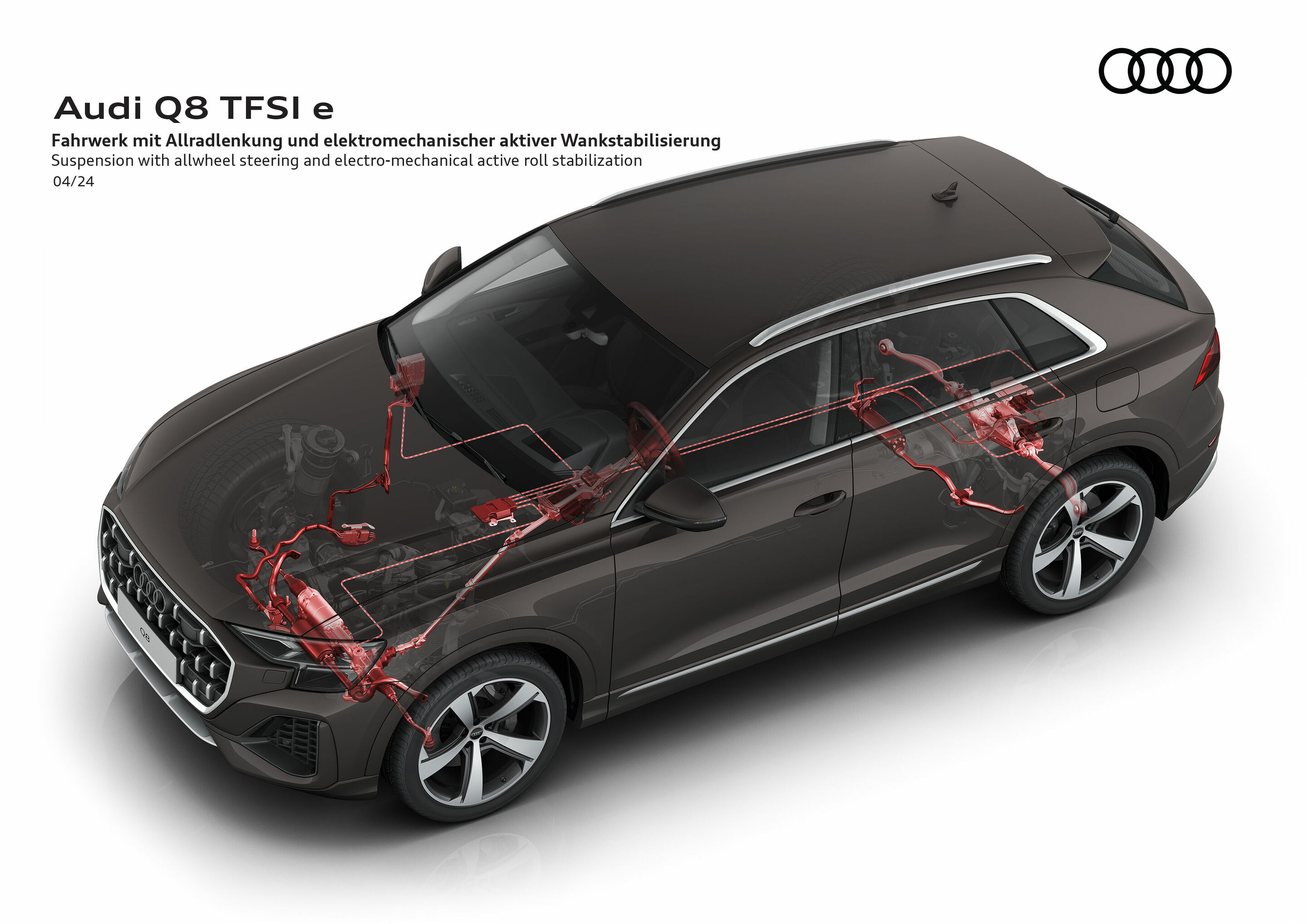 Illustration - Audi Q8 TFSI e quattro - Die optionale, und erstmalig für den Q8 TFSI e quattro verfügbare, Allradlenkung sorgt für ein gesteigertes Maß an Sicherheit und Komfort. Die ebenso optionale elektromechanische aktive Wankstabilisierung (eAWS)...