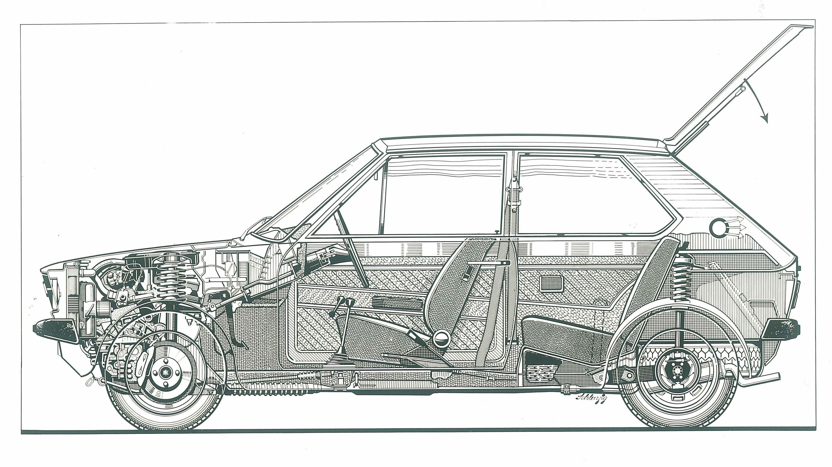 Germany’s first small car was launched 50 years ago - A so-called X-ray drawing of the Audi 50.