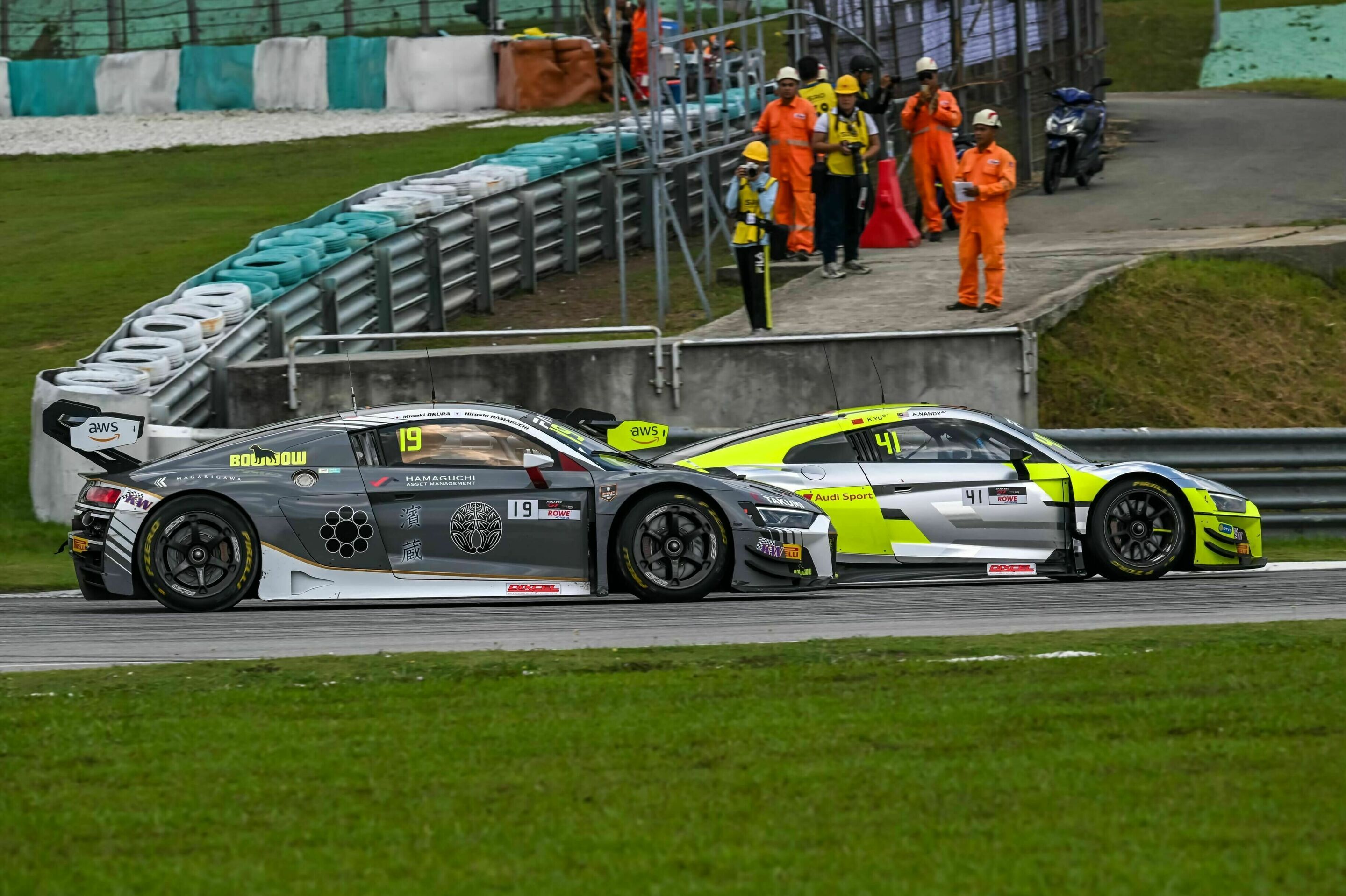 GT World Challenge Asia 2024 - Audi R8 LMS #19 (The Spirit of FFF Racing), Hiroshi Yamaguchi/Mineki Okura; Audi R8 LMS #41 (Audi Sport Asia Team Absolute), James Yu Kuai/Akash Nandy