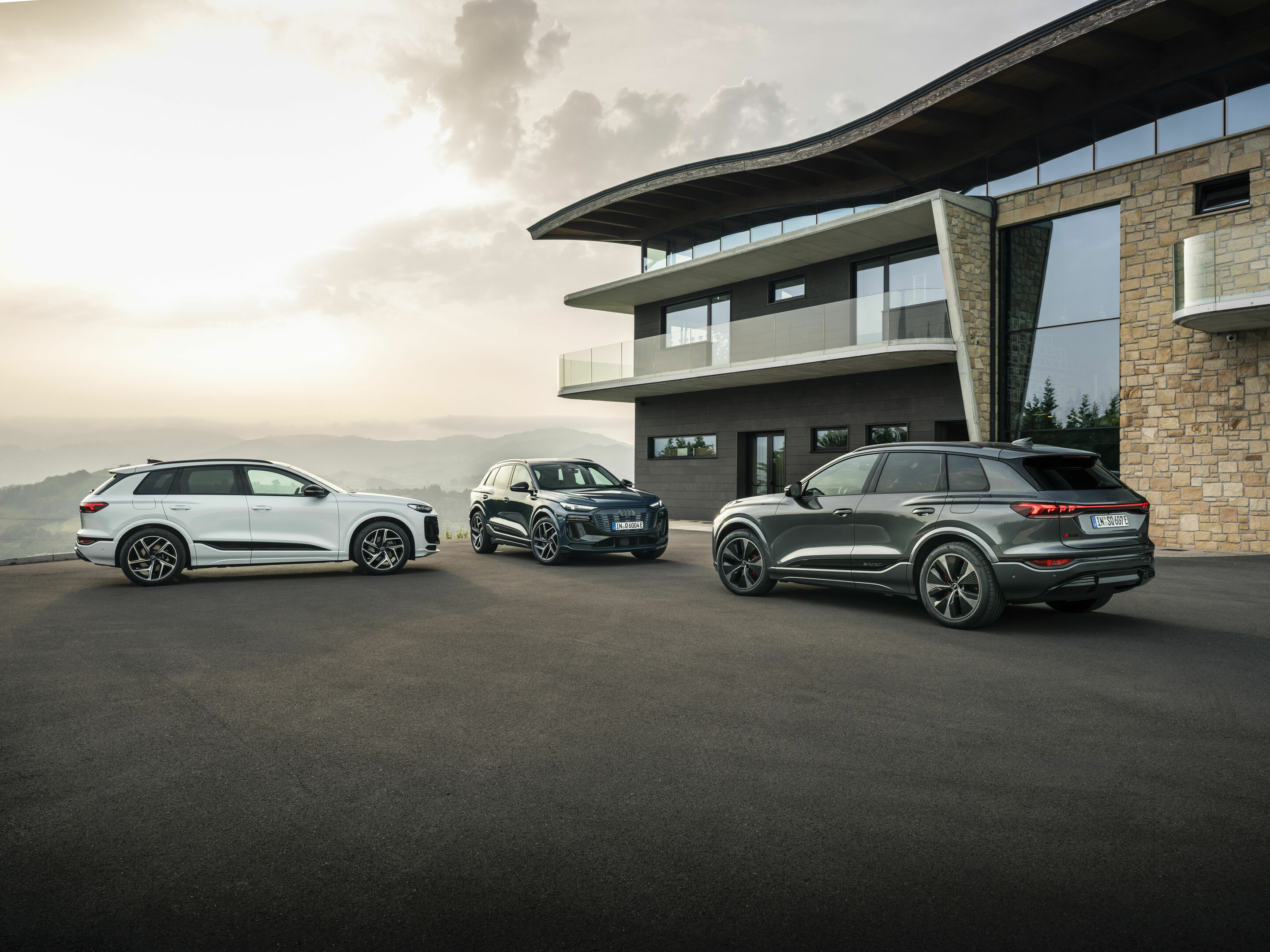 Audi Q6 e-tron quattro / Audi SQ6 e-tron - Standaufnahme,
Farbe: Gletscherweiß, Plasmablau Metallic, Daytonagrau Perleffekt