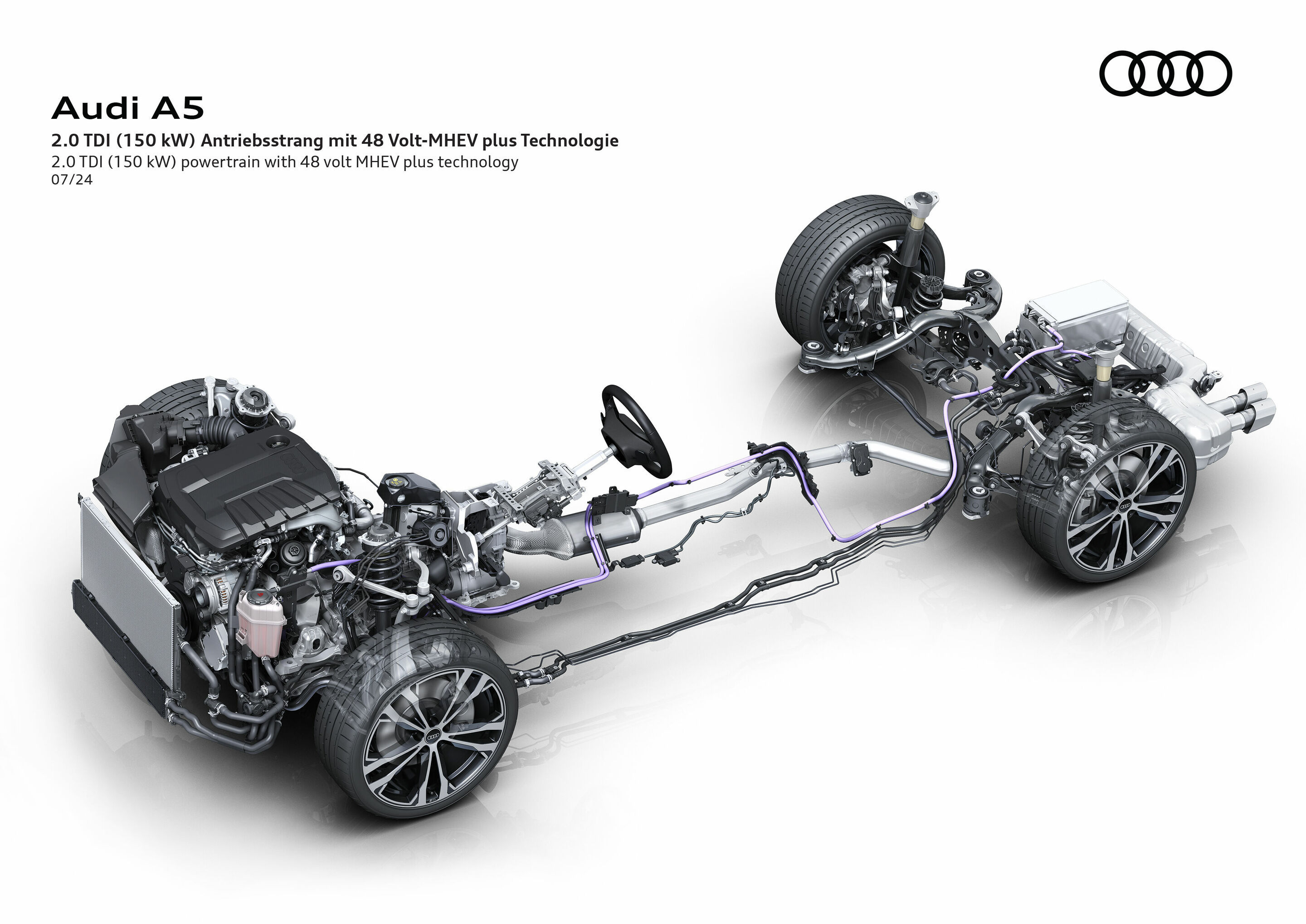 Illustration - Audi A5 - 2.0 TDI (150 kW) Antriebsstrang mit 48 Volt-MHEV plus Technologie. Das Fahrzeug basiert auf der
Premium Platform Combustion (PPC)